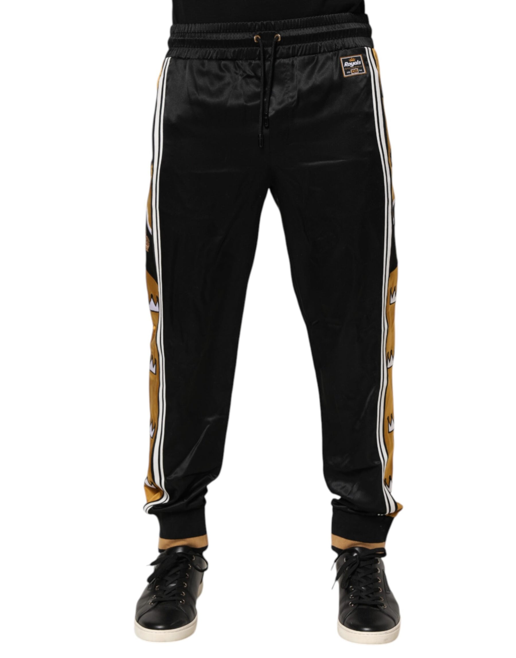 Dolce & Gabbana Black Gold Satin Crown Side Stripe Jogger Pants | Regal Royce