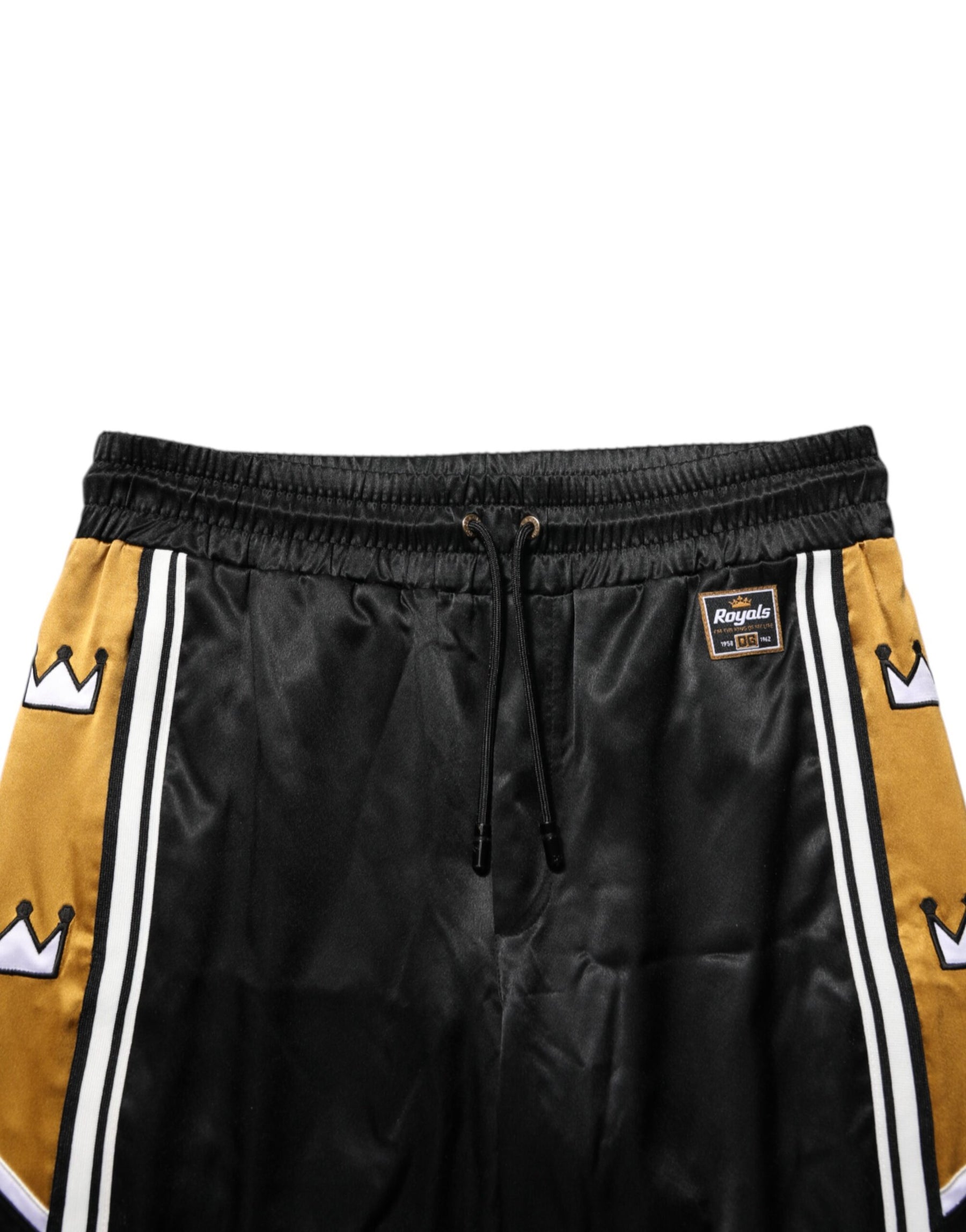 Dolce & Gabbana Black Gold Satin Crown Side Stripe Jogger Pants | Regal Royce