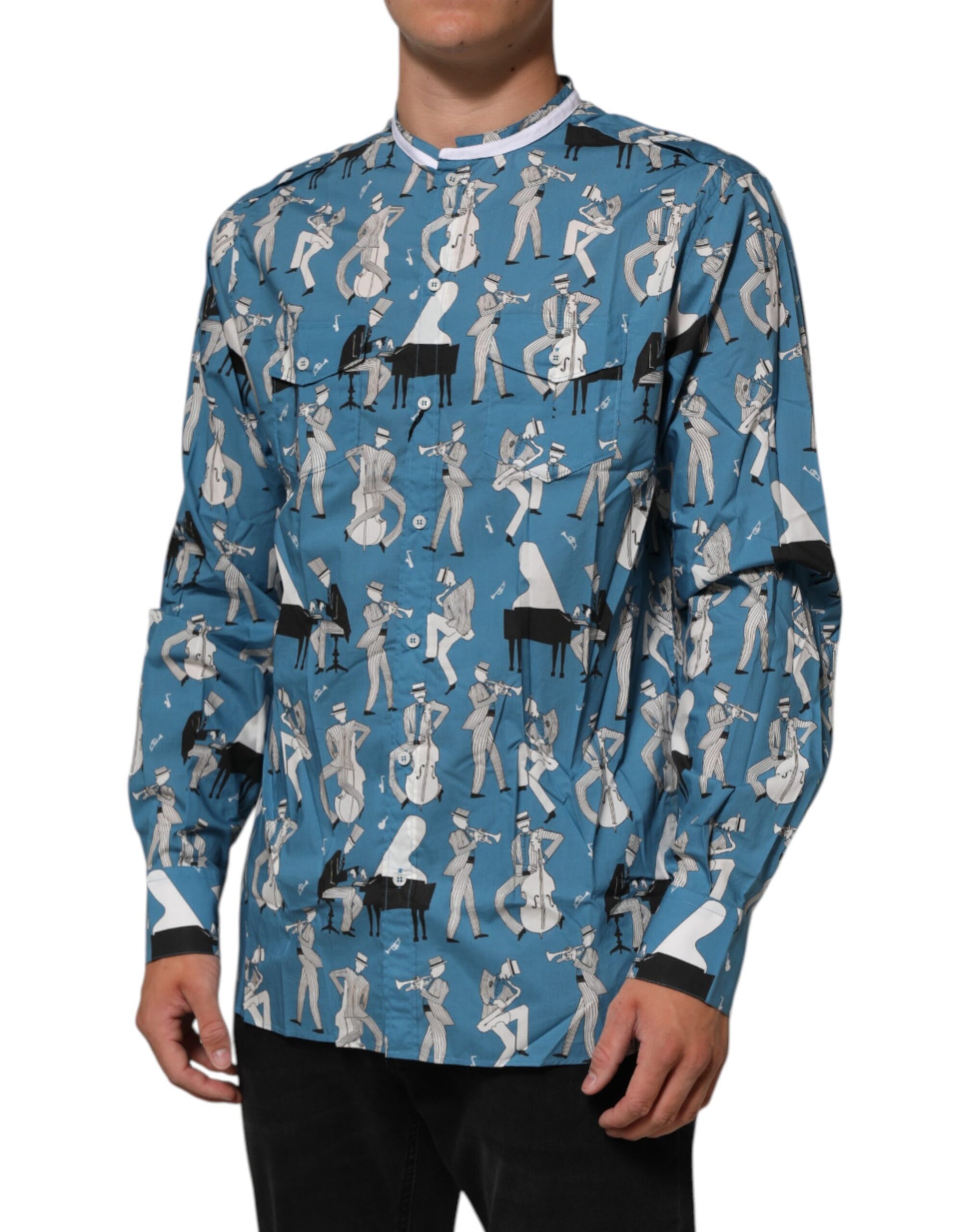 Dolce & Gabbana Blue Jazz Printed Cotton Button Front Shirt | Regal Royce