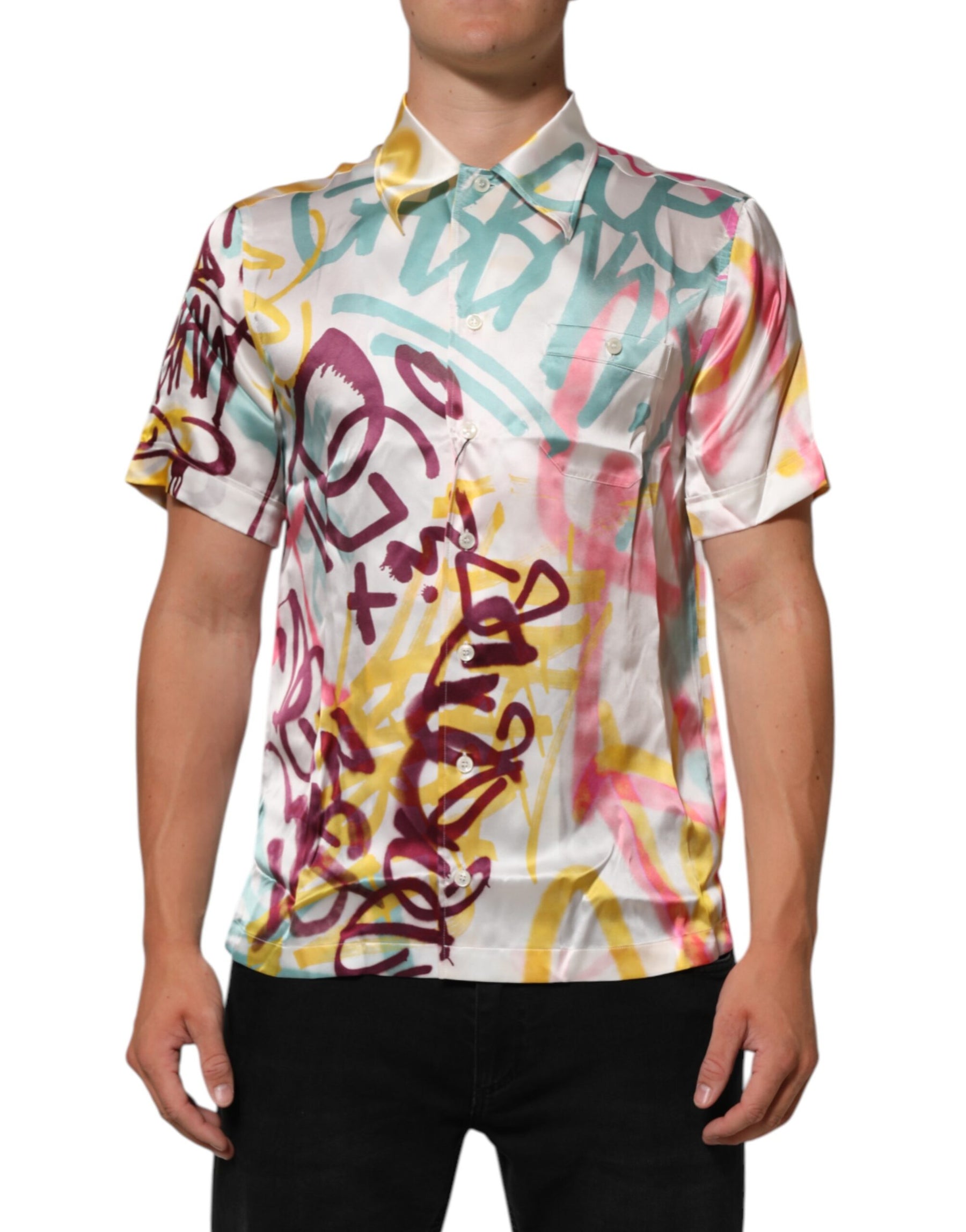 Dolce & Gabbana White Silk Hawaiian Graffiti Print Men Casual Shirt | Regal Royce