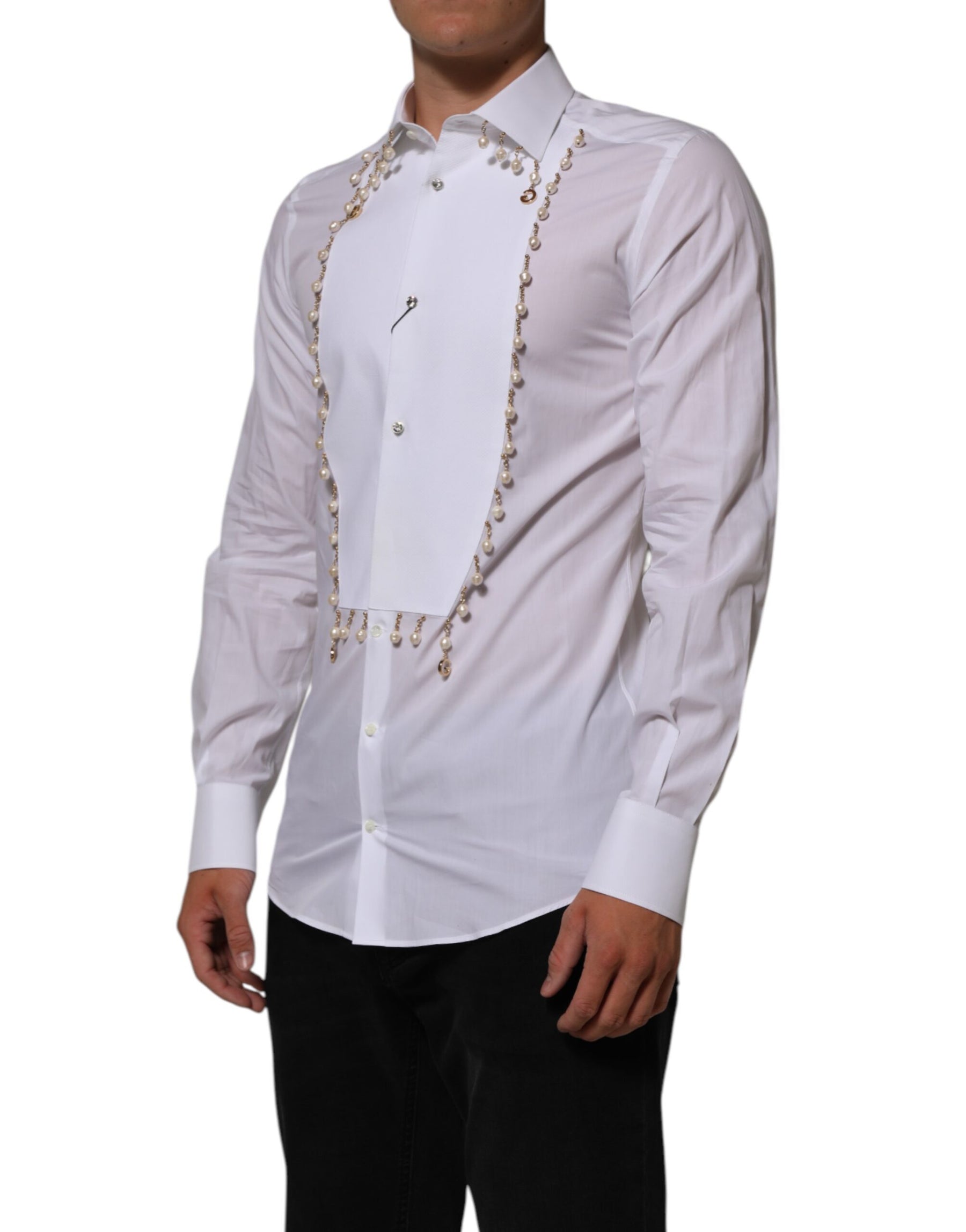 Dolce & Gabbana White Cotton DG Logo Pearl GOLD Formal Shirt | Regal Royce