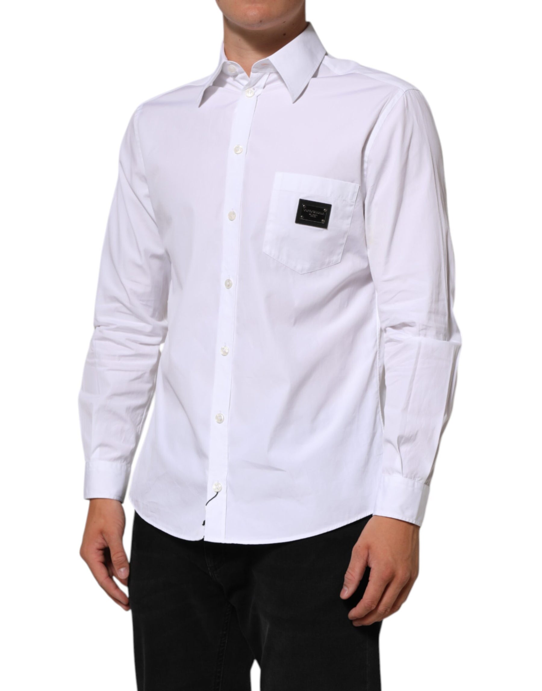 Dolce & Gabbana White Logo Plaque Collared Formal Dress  Shirt | Regal Royce