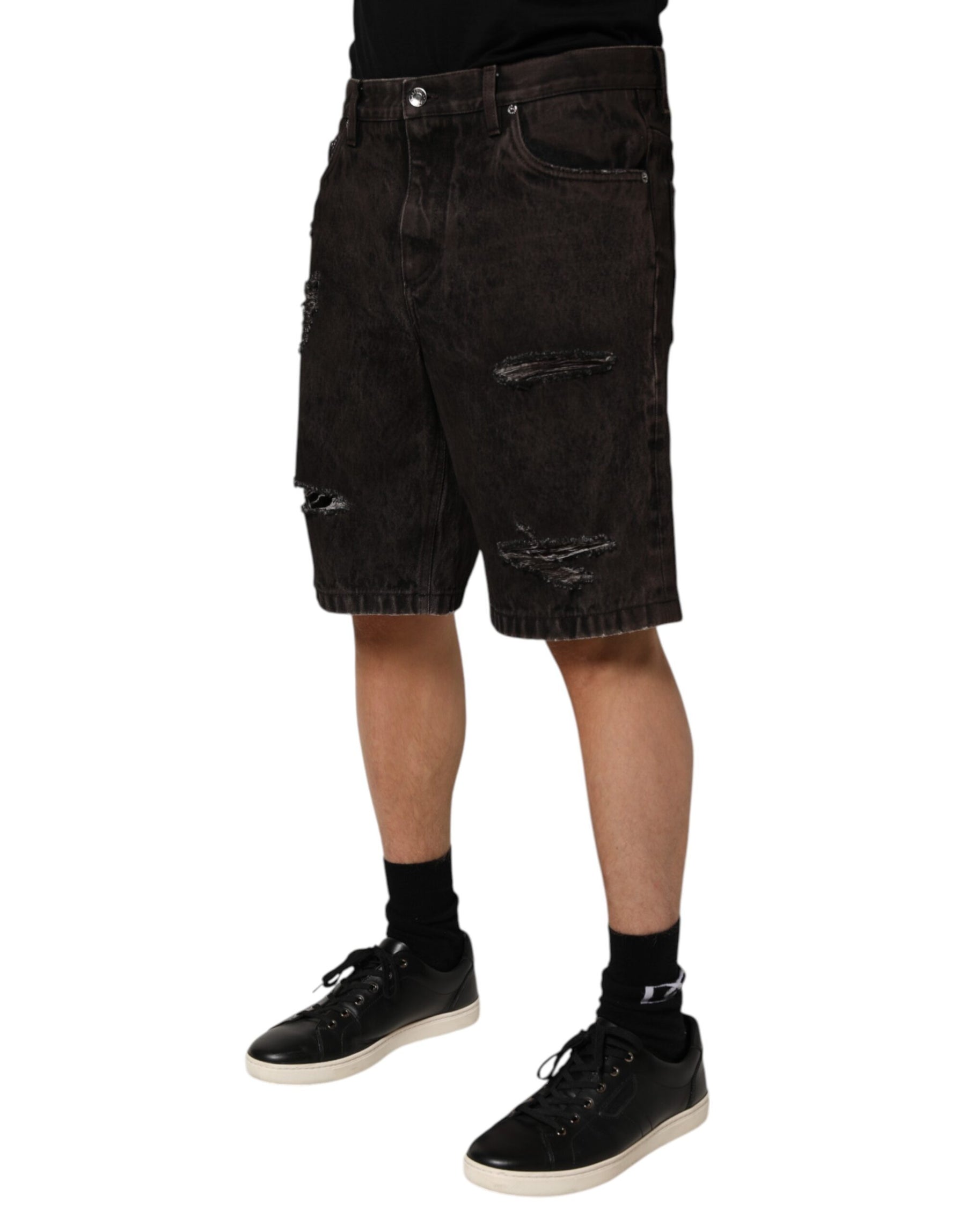 Dolce & Gabbana Black Cotton Tattered Denim Men Bermuda Short | Regal Royce