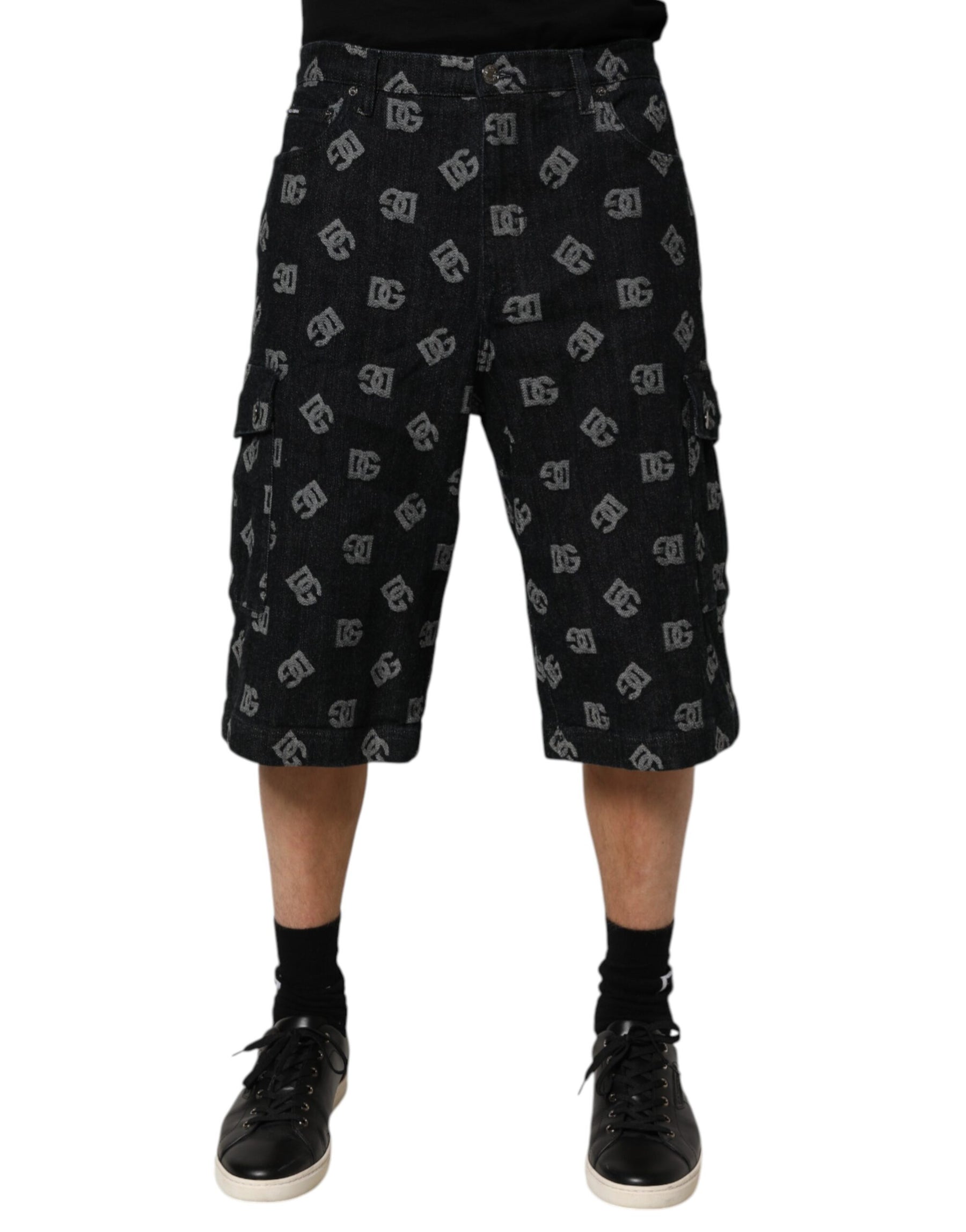 Dolce & Gabbana Black Monogram Denim Cargo Men Bermuda Short | Regal Royce