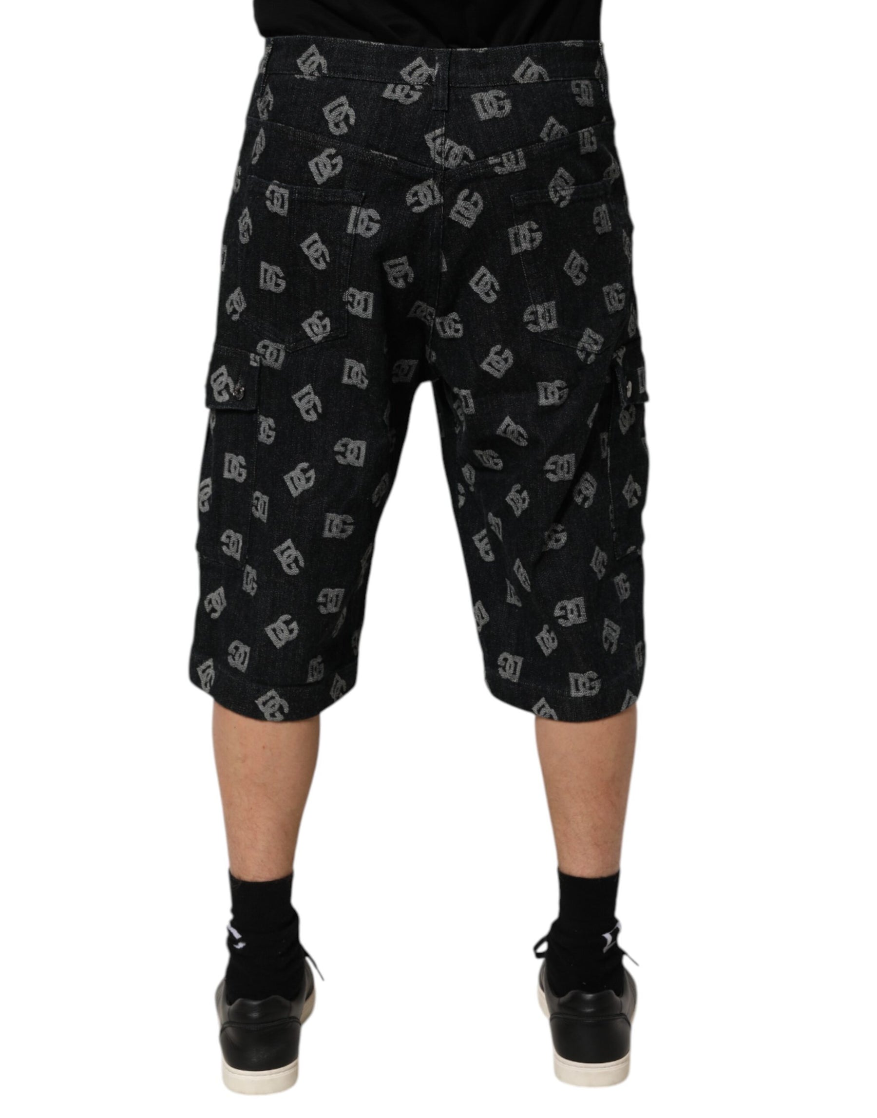 Dolce & Gabbana Black Monogram Denim Cargo Men Bermuda Short | Regal Royce