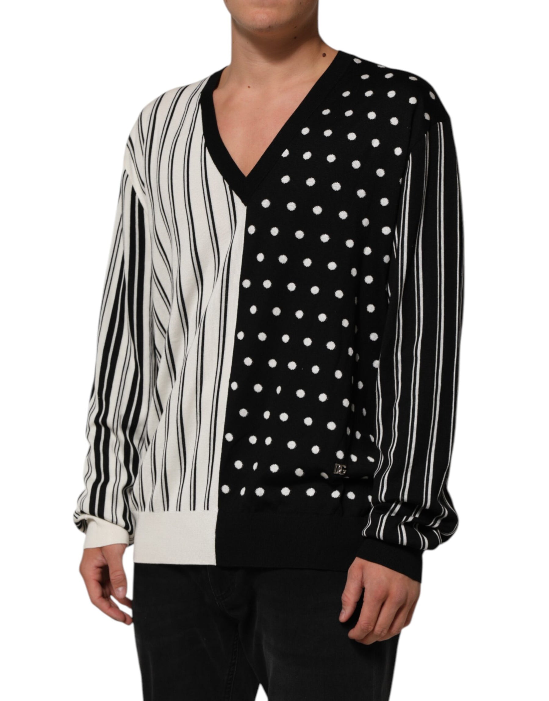 Dolce & Gabbana Black White Stripe Polka V-Neck Pullover Sweater | Regal Royce