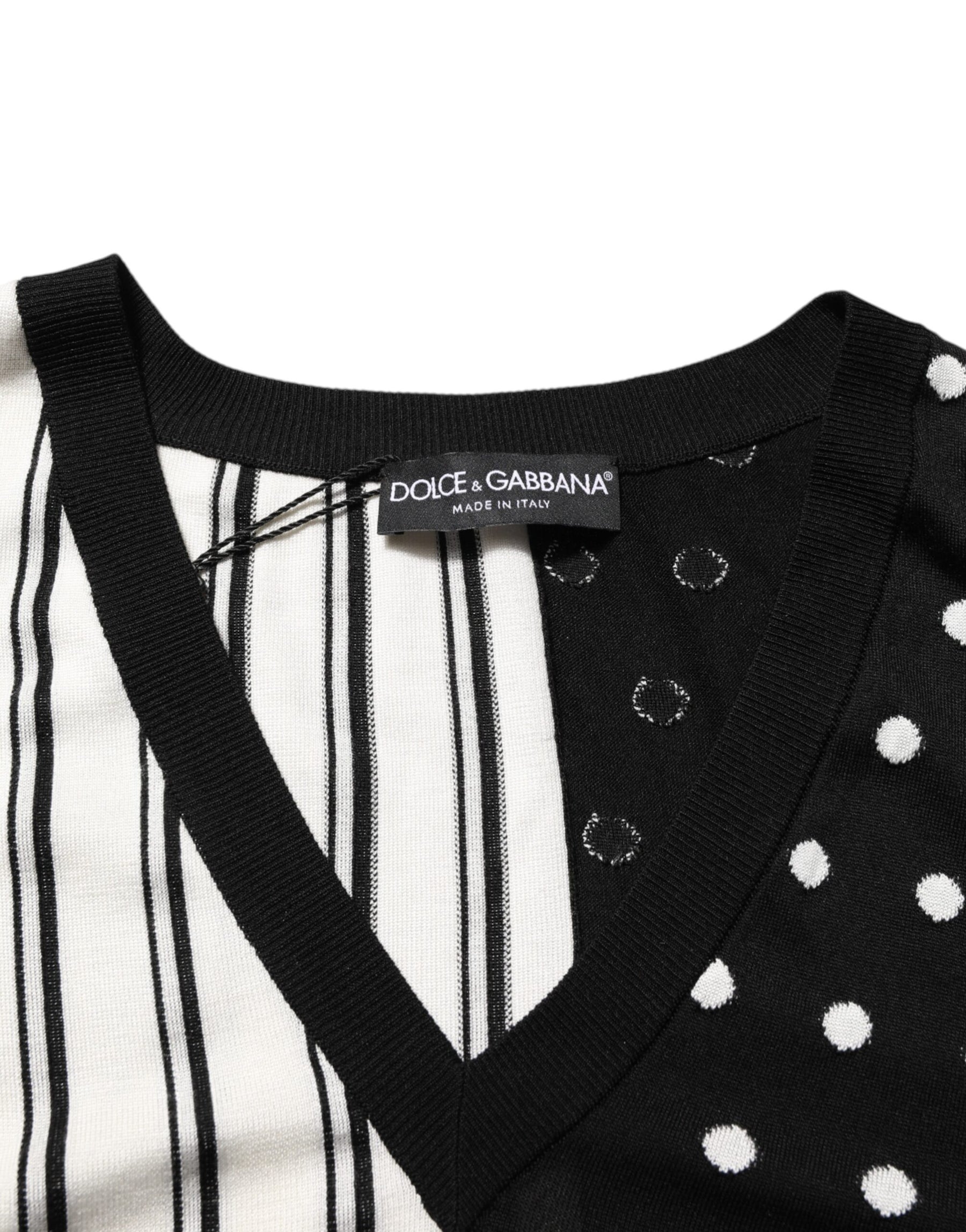 Dolce & Gabbana Black White Stripe Polka V-Neck Pullover Sweater | Regal Royce