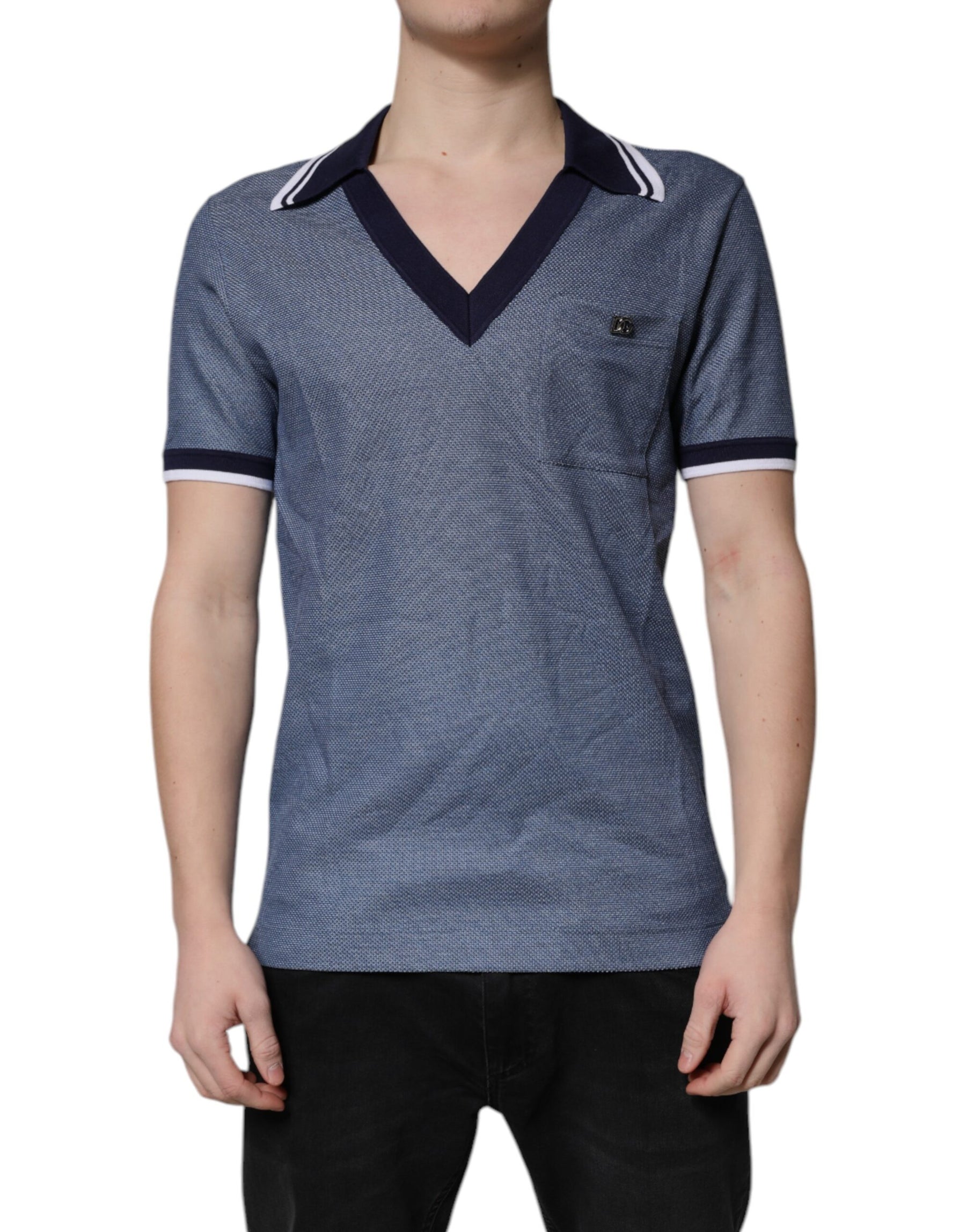 Dolce & Gabbana Blue Collared V-neck Silk Blend Polo T-shirt | Regal Royce