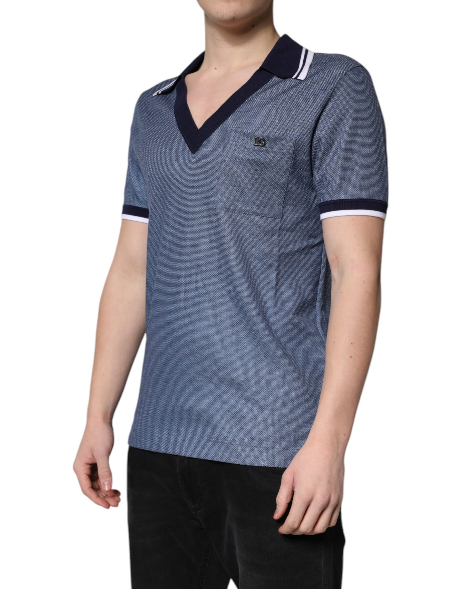 Dolce & Gabbana Blue Collared V-neck Silk Blend Polo T-shirt | Regal Royce