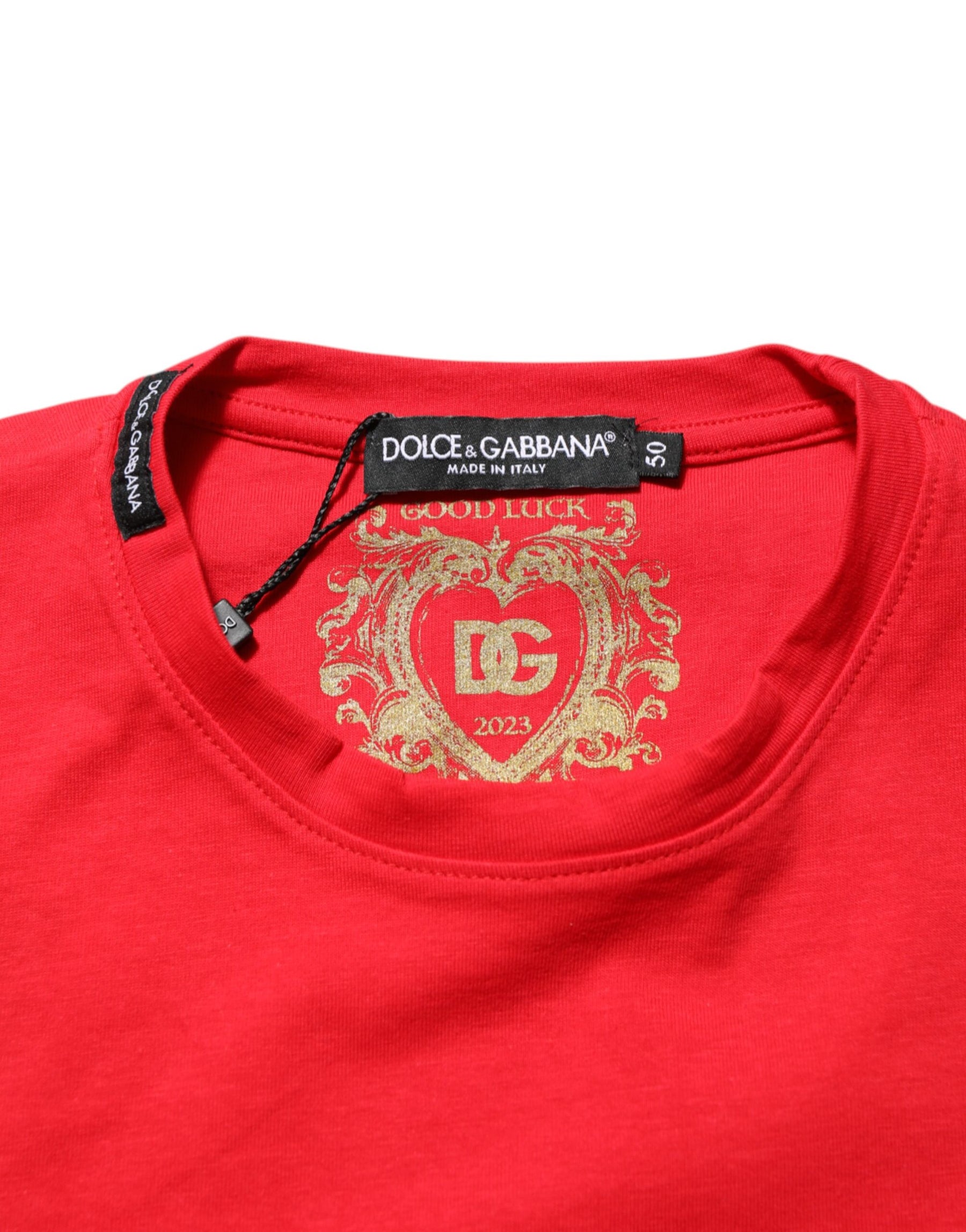 Dolce & Gabbana Red Goodluck 2023 Cotton Crew Neck T-shirt | Regal Royce