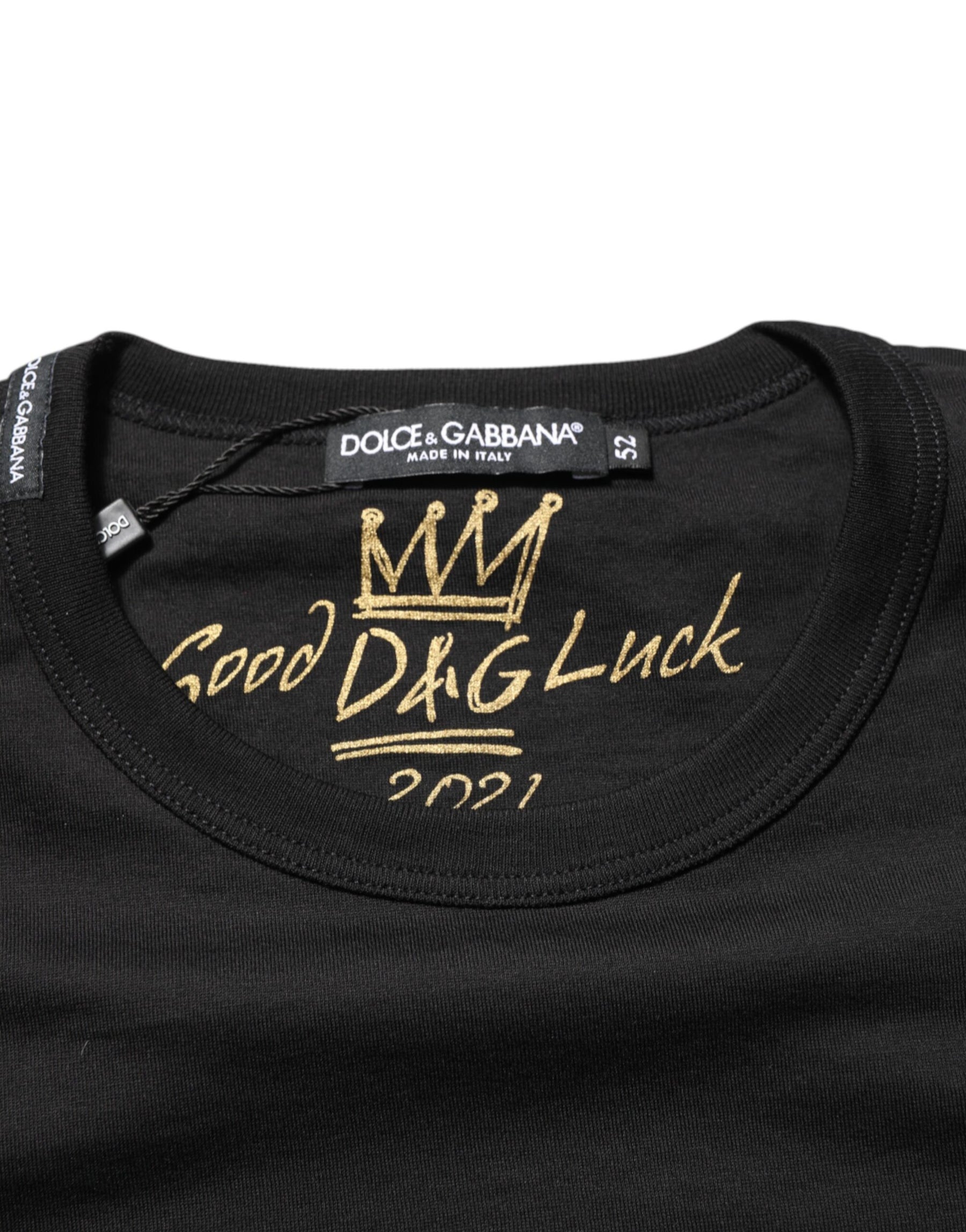 Dolce & Gabbana Black Goodluck 2021 Cotton Crew Neck T-shirt | Regal Royce