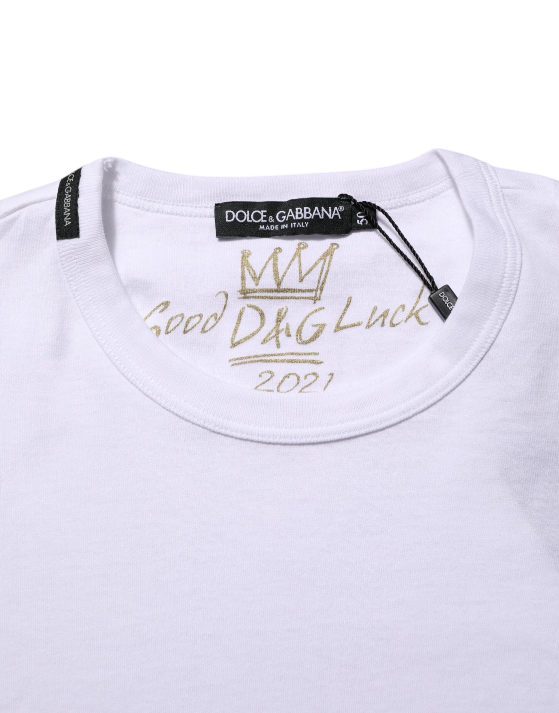 Dolce & Gabbana White Goodluck 2021 Cotton Crew Neck  T-shirt | Regal Royce