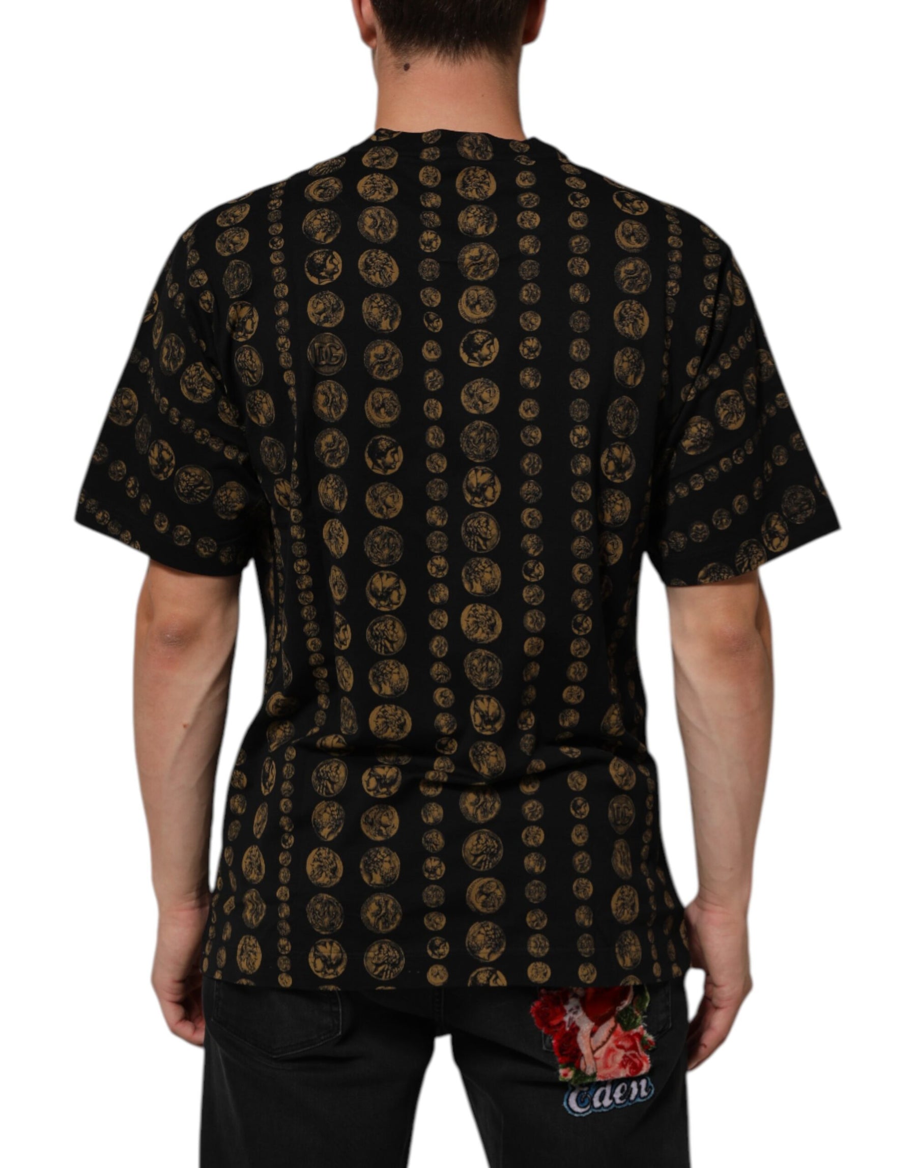 Dolce & Gabbana Black Cotton Coin Print Crew Neck T-shirt | Regal Royce
