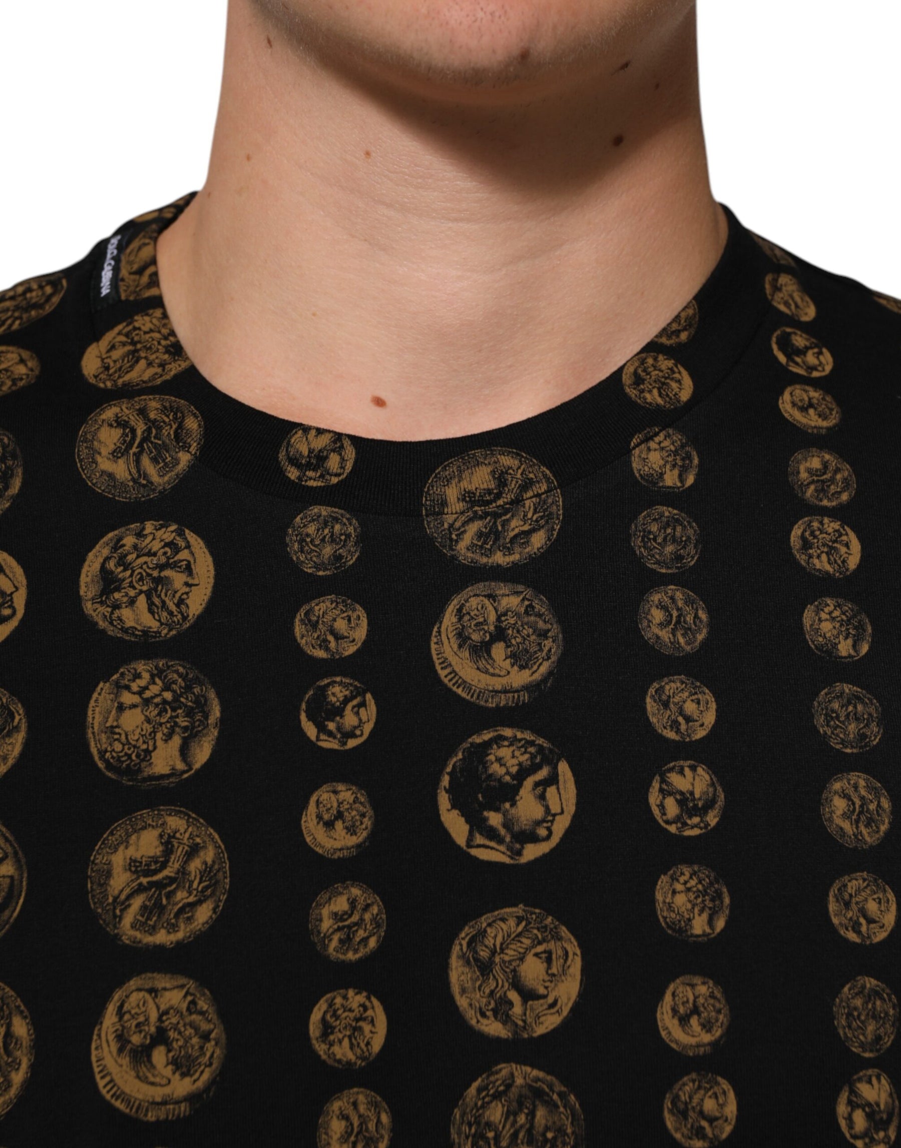 Dolce & Gabbana Black Cotton Coin Print Crew Neck T-shirt | Regal Royce