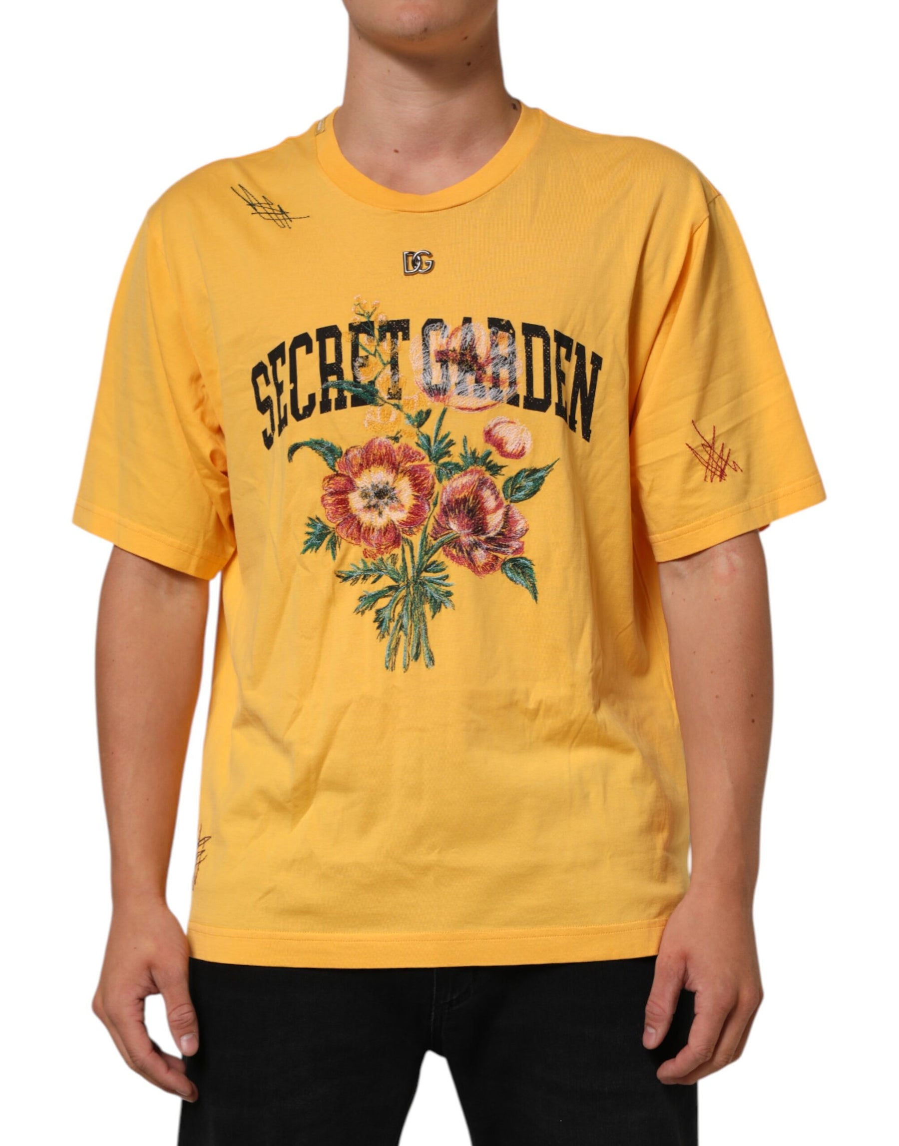 Dolce & Gabbana Yellow Secret Graden Floral Cotton Crew Neck T-shirt | Regal Royce