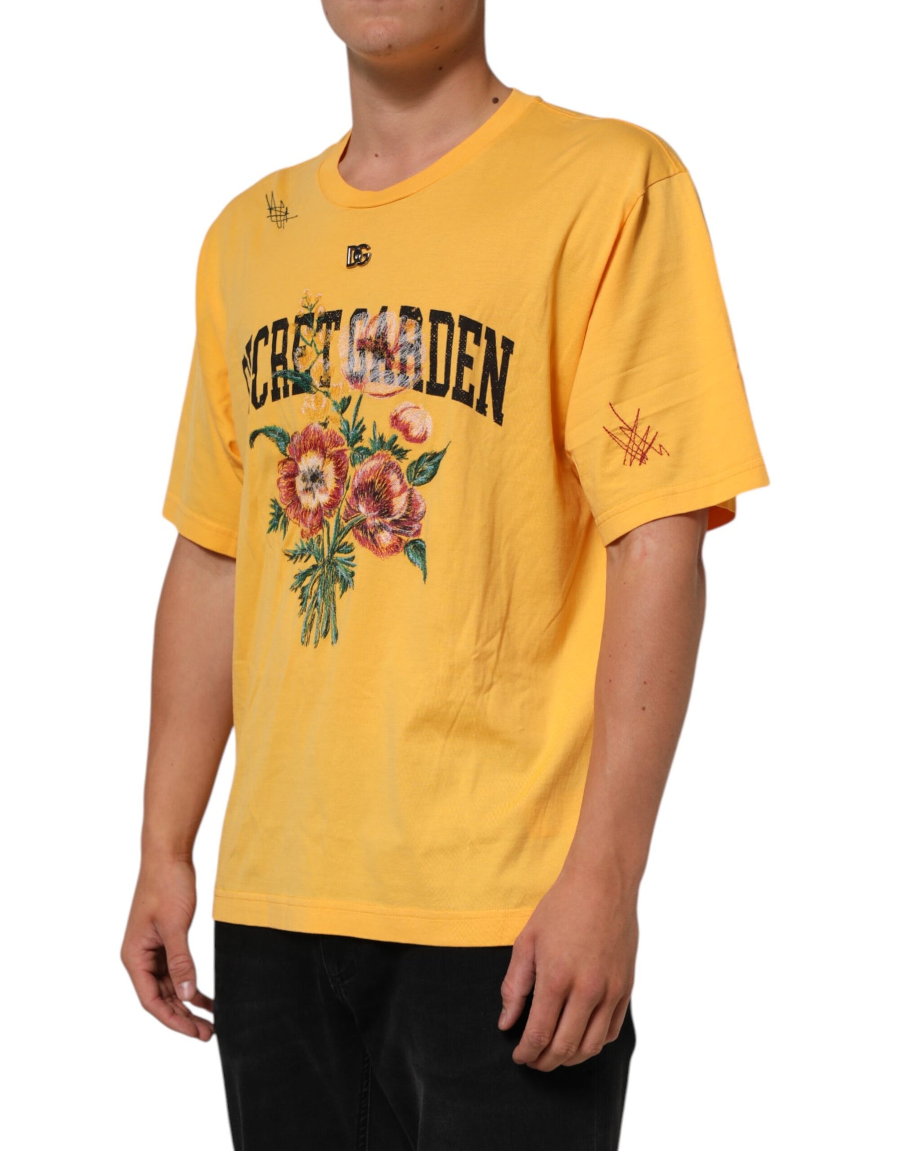 Dolce & Gabbana Yellow Secret Graden Floral Cotton Crew Neck T-shirt | Regal Royce