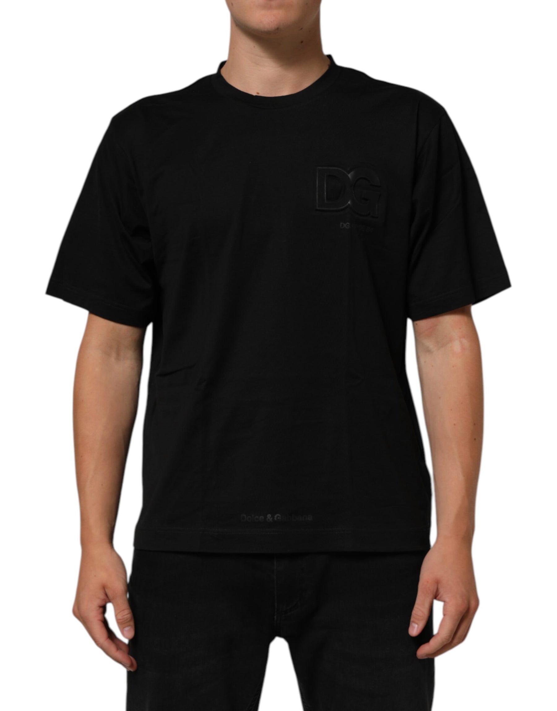 Dolce & Gabbana Black Logo Patch Cotton Men Crew Neck T-shirt | Regal Royce