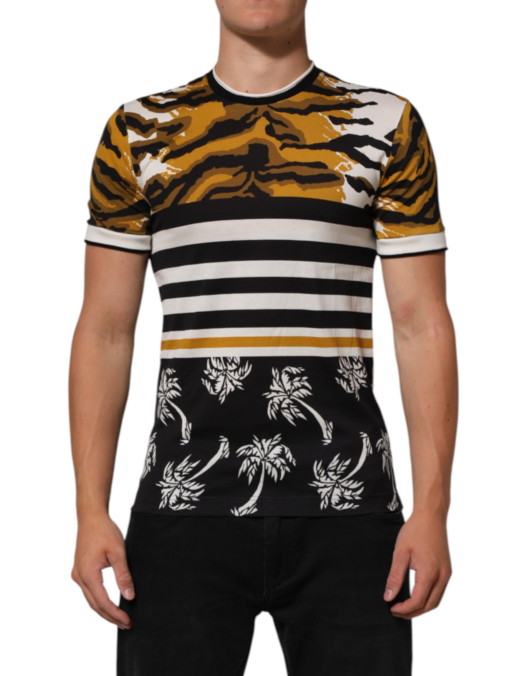 Dolce & Gabbana Multicolor Leopard Palm Leaf Men Crew Neck T-shirt | Regal Royce