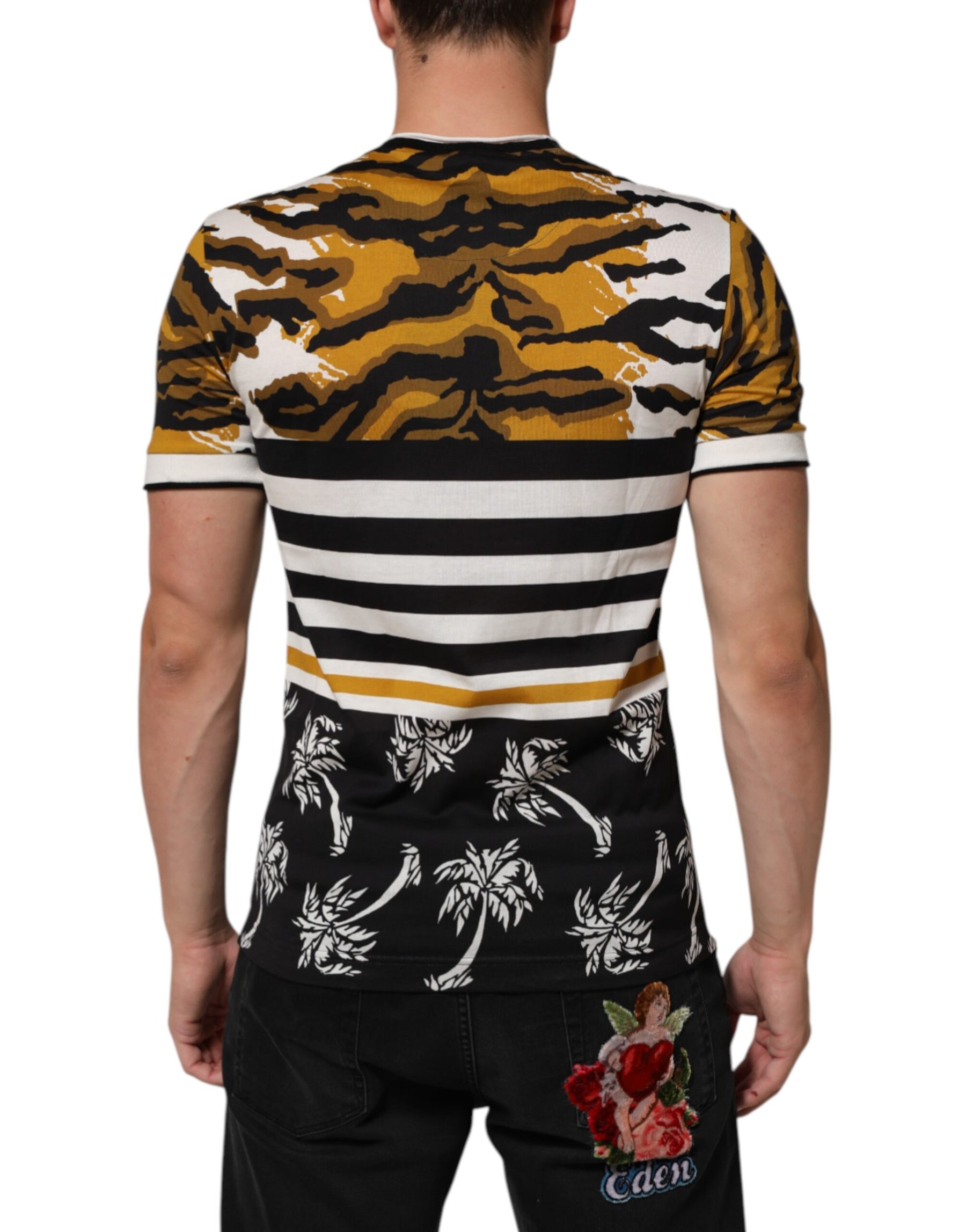 Dolce & Gabbana Multicolor Leopard Palm Leaf Men Crew Neck T-shirt | Regal Royce