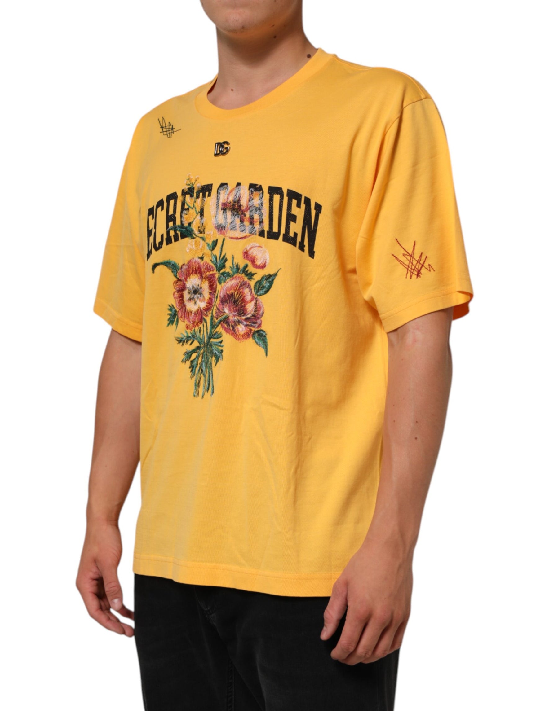 Dolce & Gabbana Yellow Secret Graden Floral Cotton CrewNeck T-shirt | Regal Royce