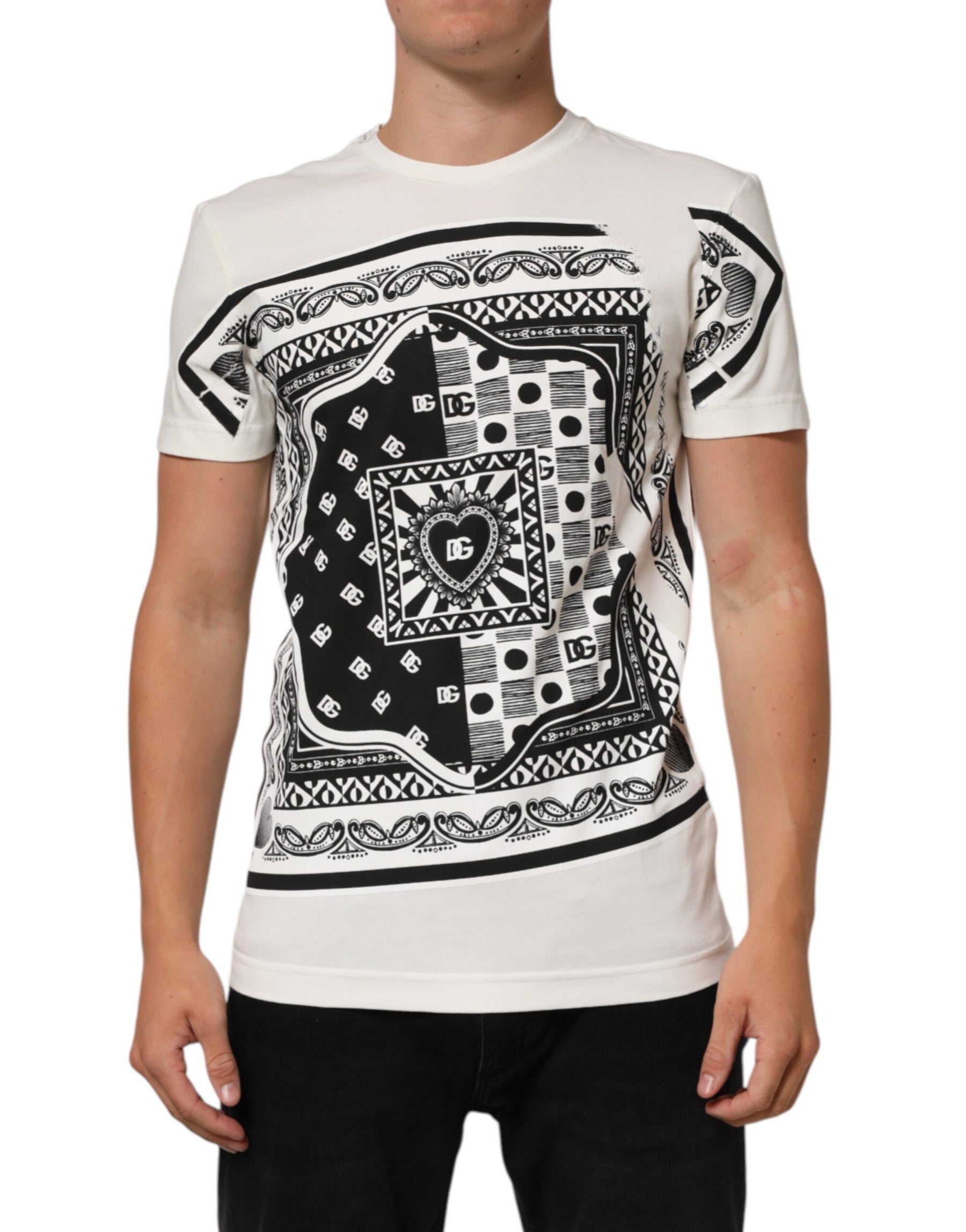 Dolce & Gabbana White Cotton Logo Bandana Print Men T-shirt | Regal Royce