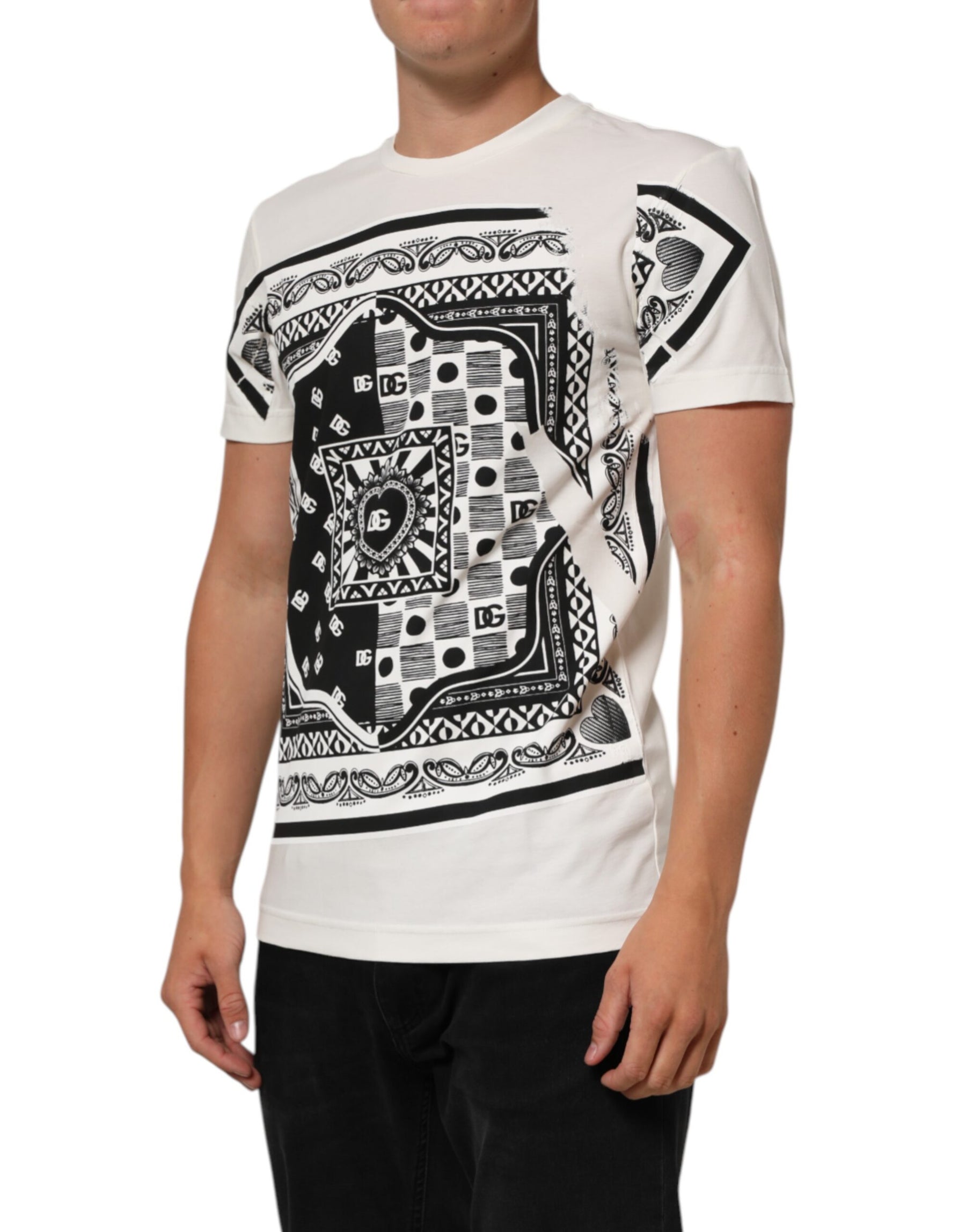 Dolce & Gabbana White Cotton Logo Bandana Print Men T-shirt | Regal Royce