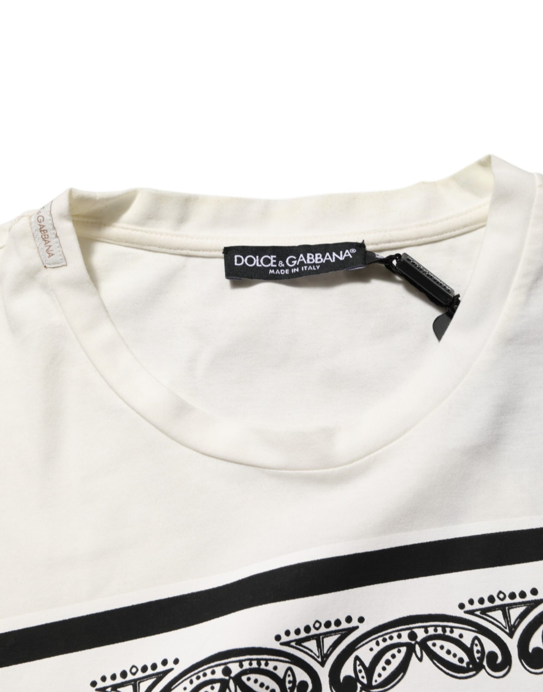 Dolce & Gabbana White Cotton Logo Bandana Print Men T-shirt | Regal Royce