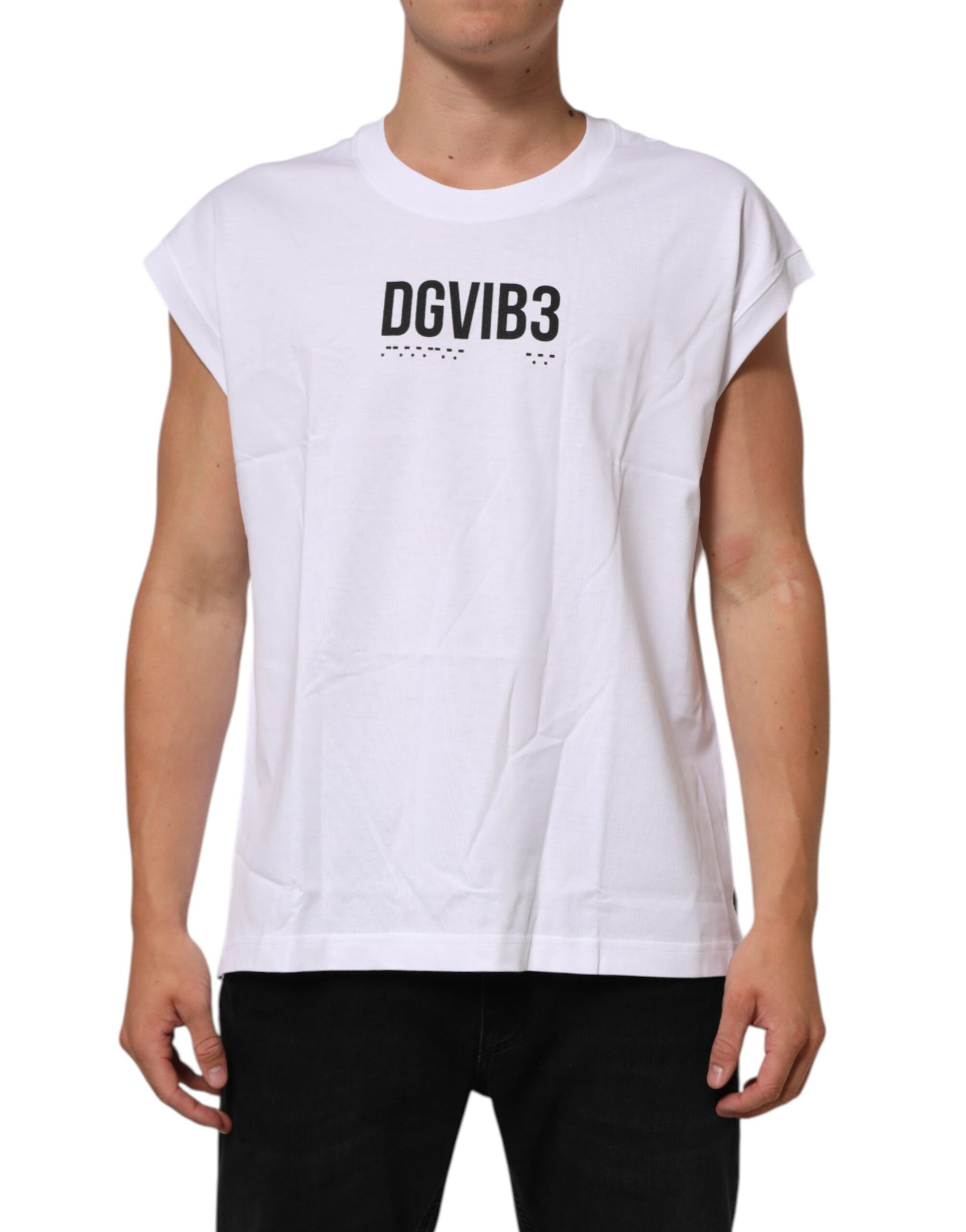 Dolce & Gabbana White Cotton Sleeveless Printed Tank T-shirt | Regal Royce