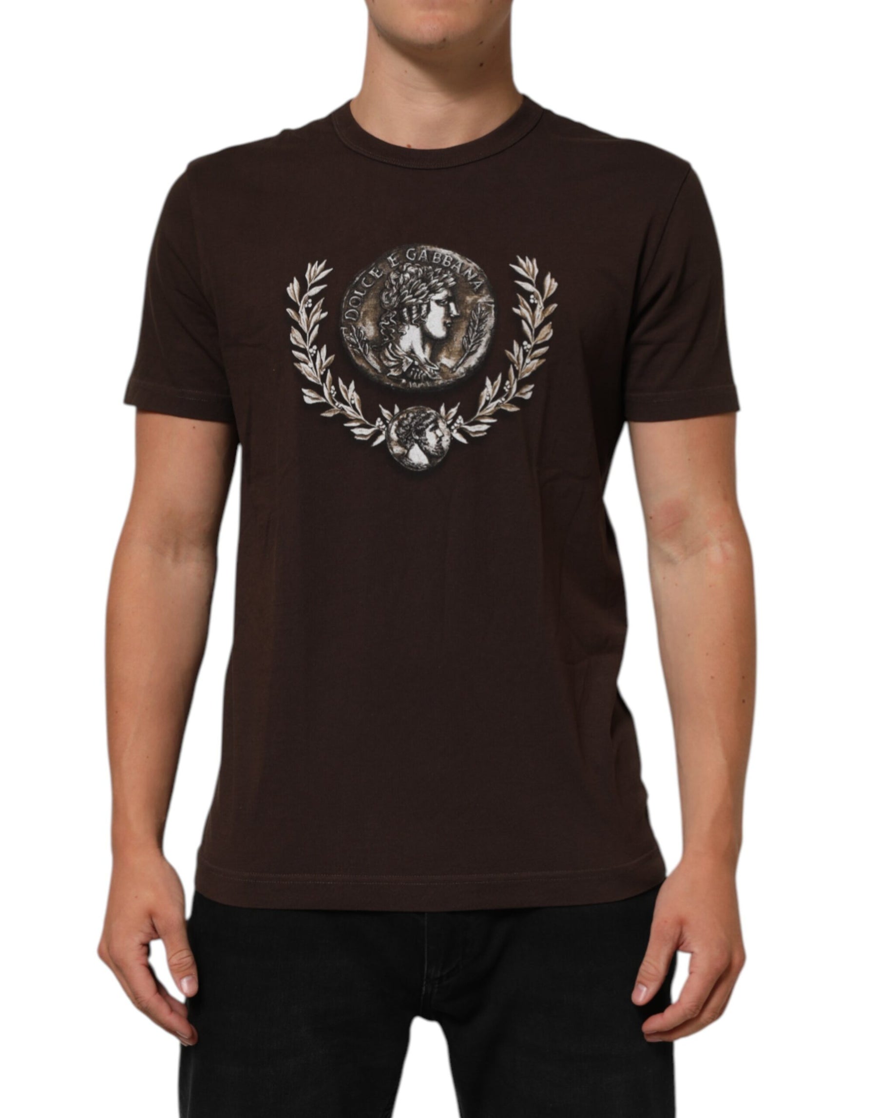 Dolce & Gabbana Brown Coin Laurel Print Men Crew Neck T-shirt | Regal Royce