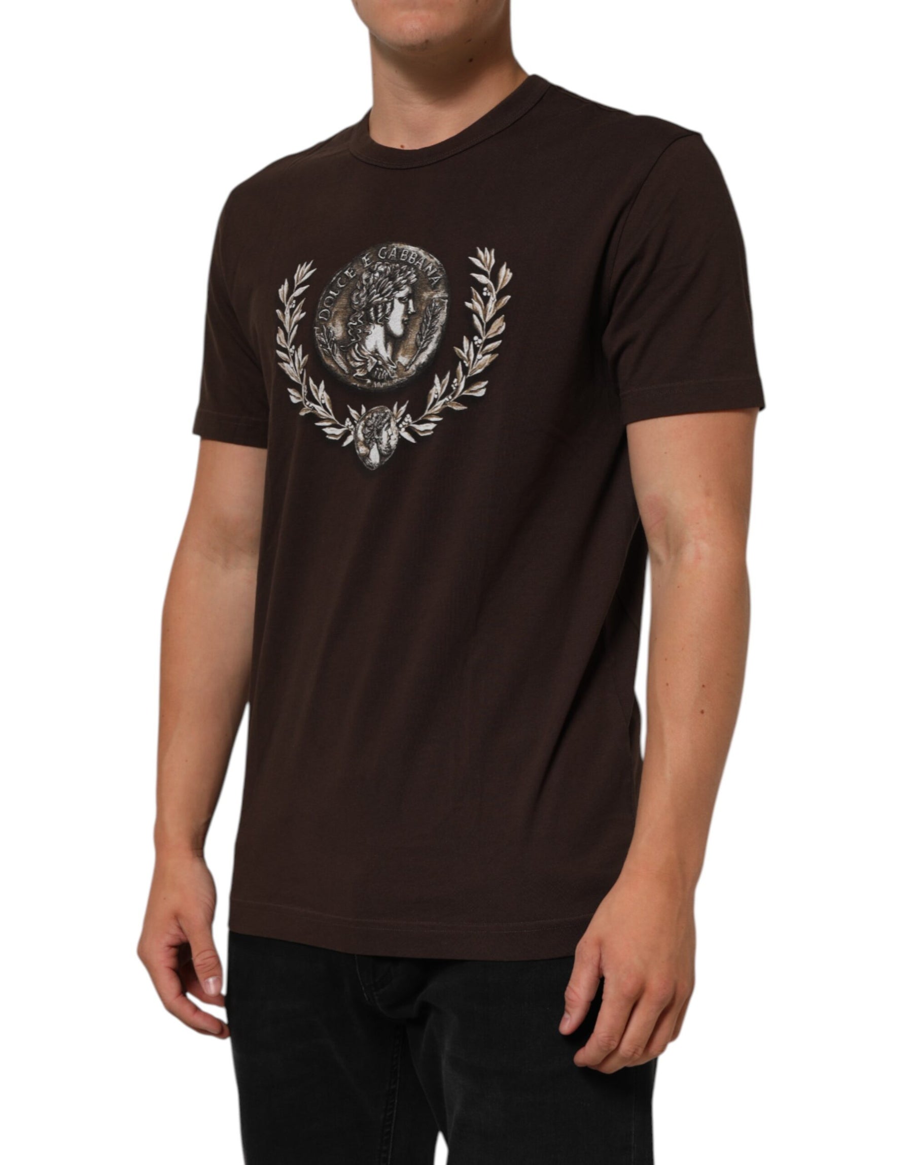 Dolce & Gabbana Brown Coin Laurel Print Men Crew Neck T-shirt | Regal Royce