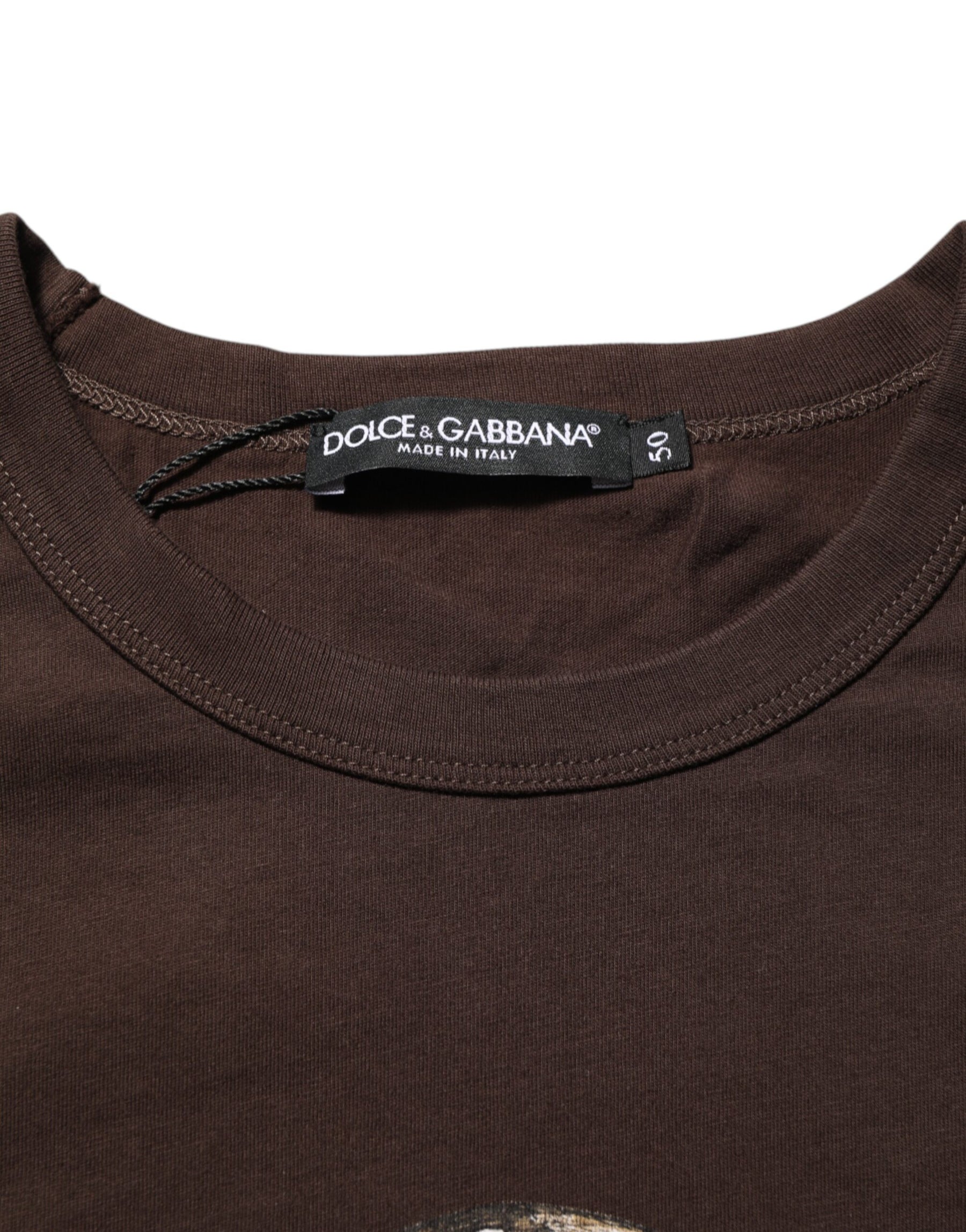 Dolce & Gabbana Brown Coin Laurel Print Men Crew Neck T-shirt | Regal Royce