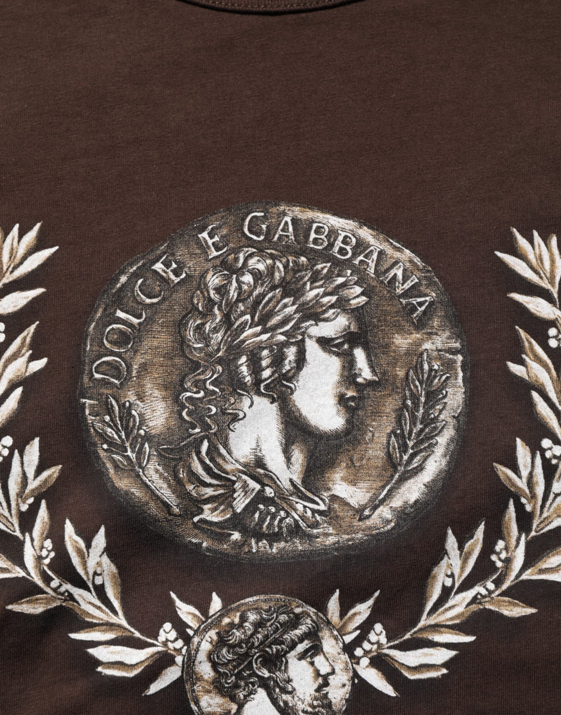 Dolce & Gabbana Brown Coin Laurel Print Men Crew Neck T-shirt | Regal Royce