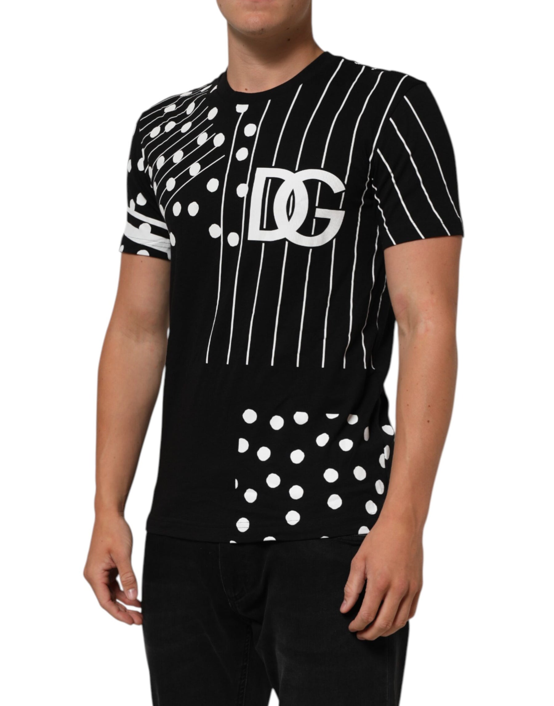 Dolce & Gabbana Black Cotton Polka Dots Round Neck T-shirt | Regal Royce