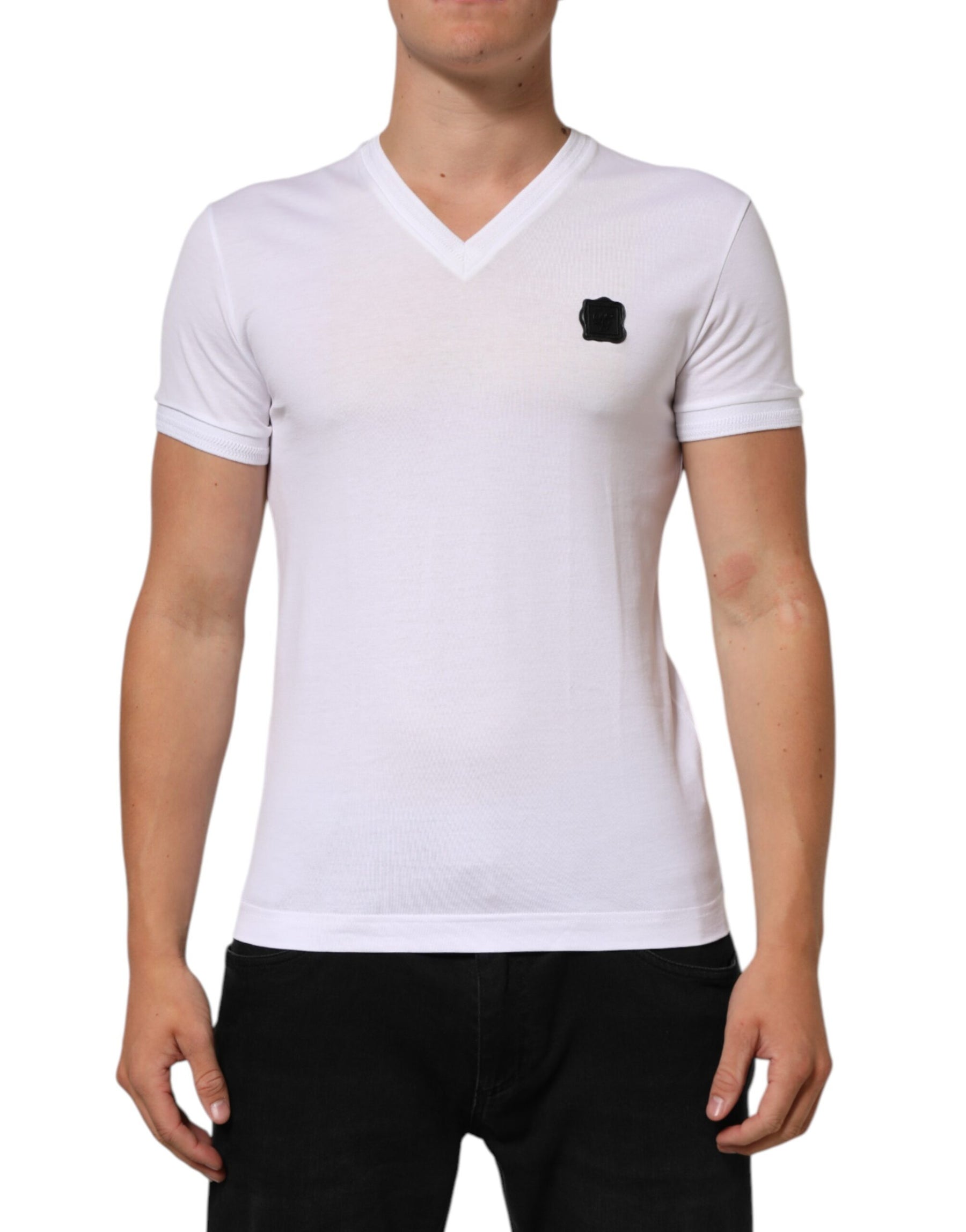 Dolce & Gabbana White Cotton Logo Patch V-neck Tee T-shirt | Regal Royce