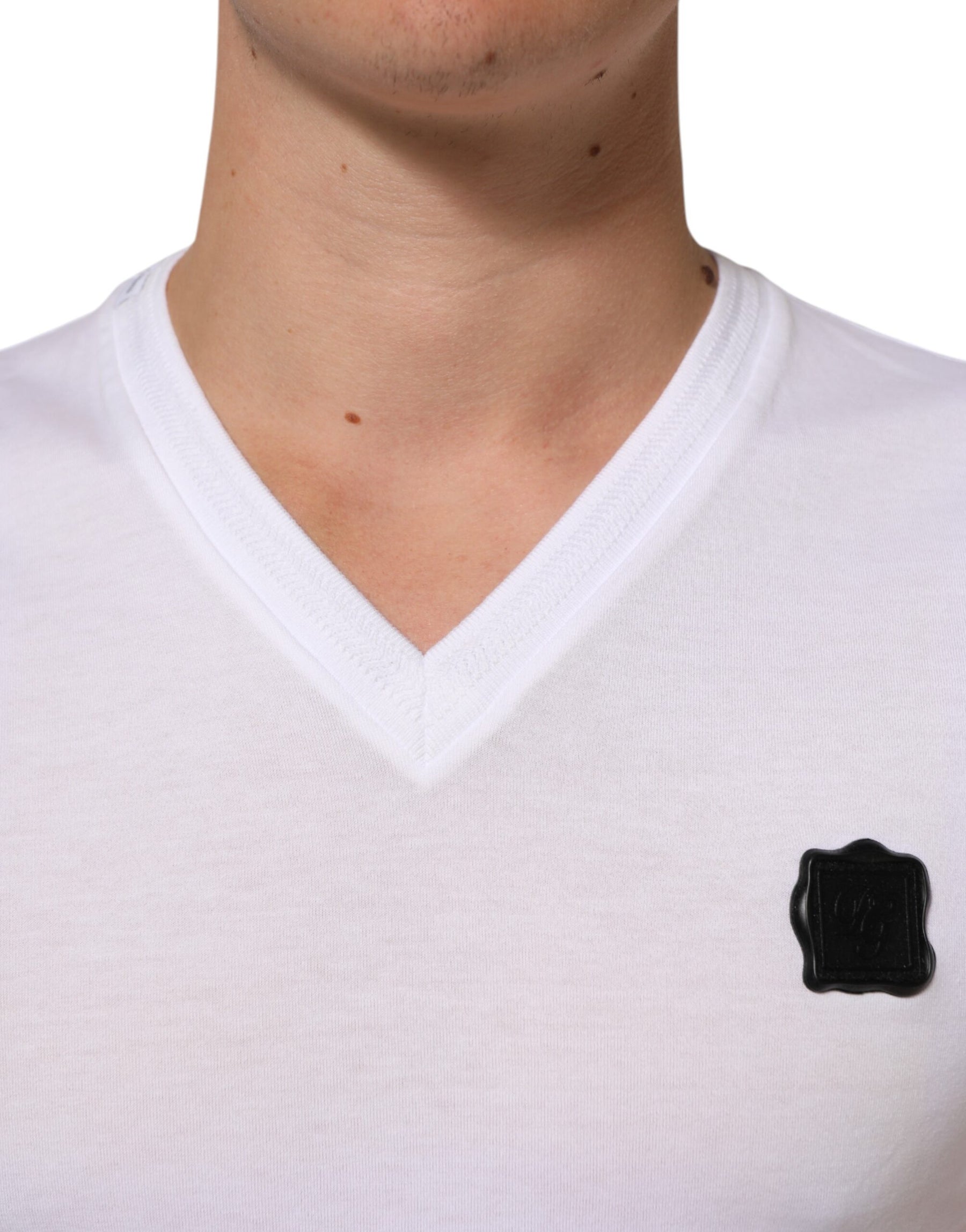 Dolce & Gabbana White Cotton Logo Patch V-neck Tee T-shirt | Regal Royce