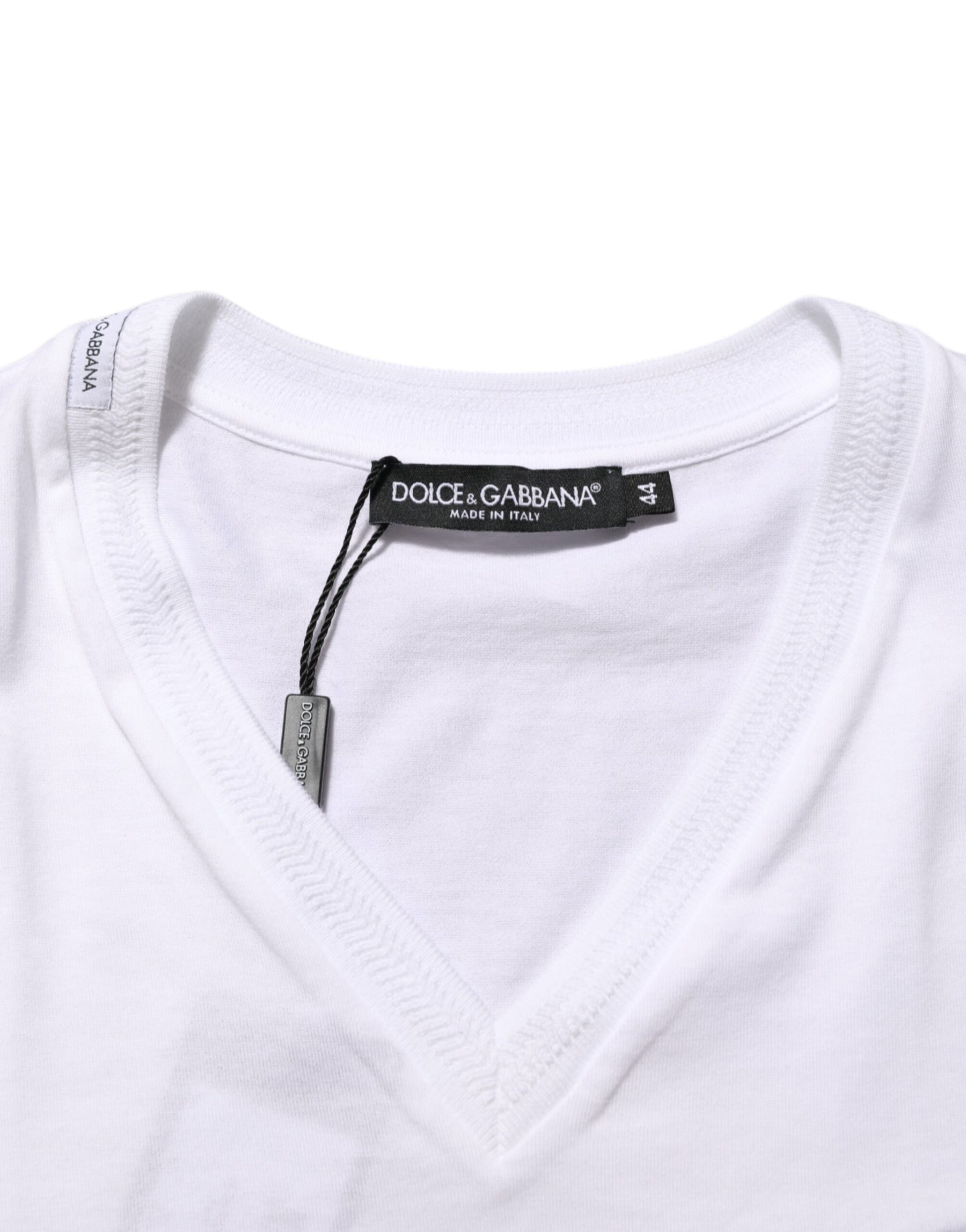 Dolce & Gabbana White Cotton Logo Patch V-neck Tee T-shirt | Regal Royce