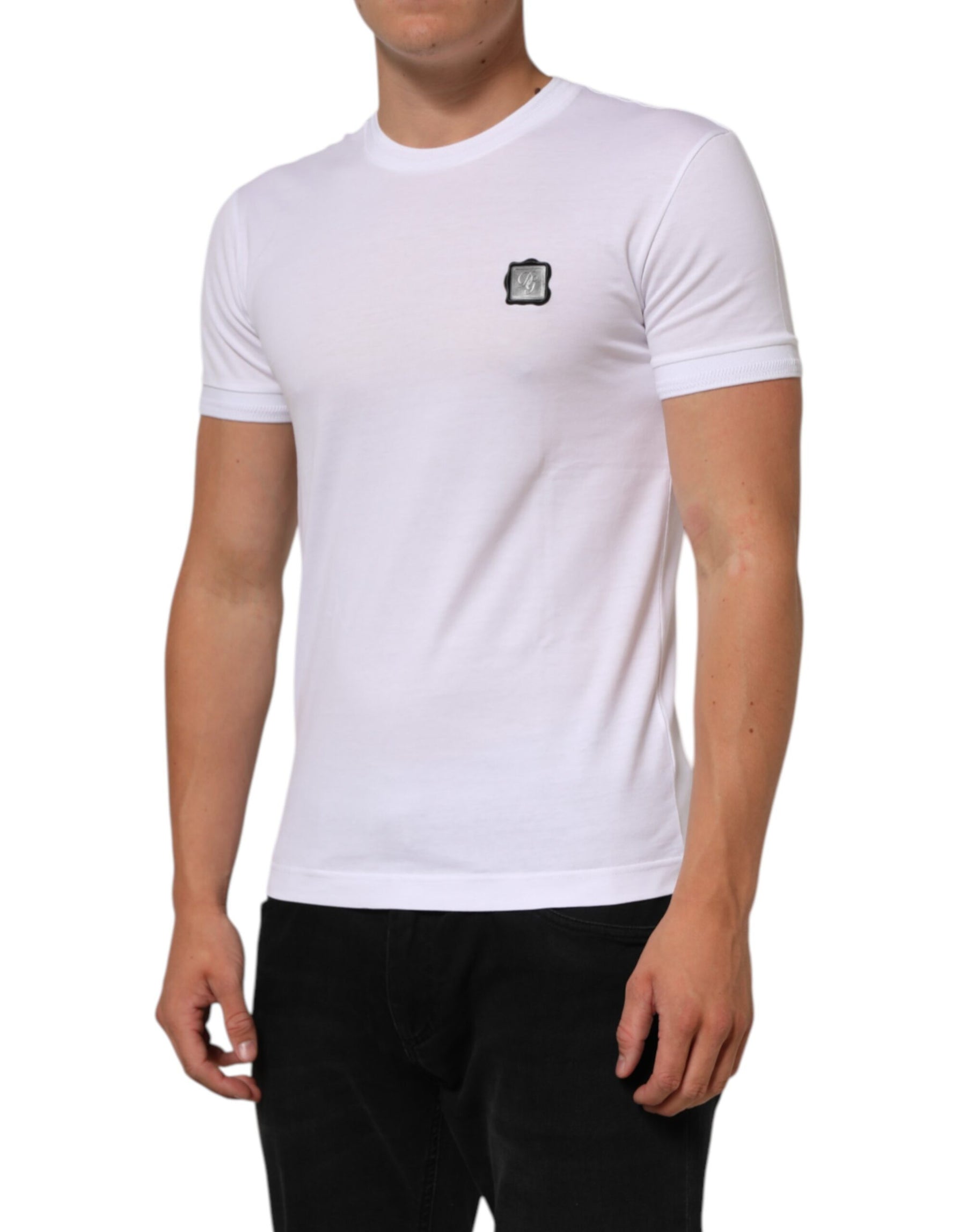 Dolce & Gabbana White Cotton Logo Patch Crew Neck  T-shirt | Regal Royce