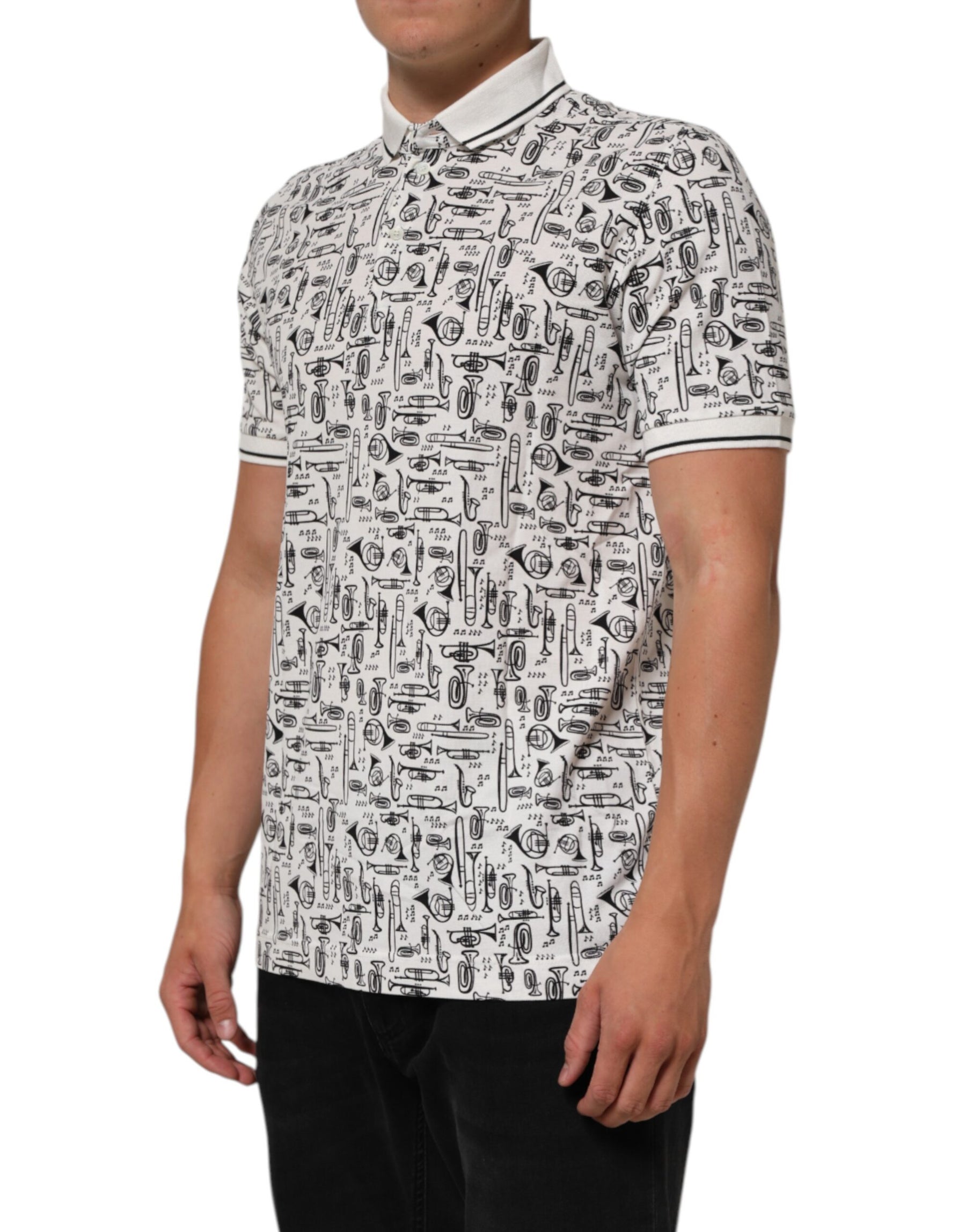 Dolce & Gabbana White Musical Print Collared Polo T-shirt | Regal Royce
