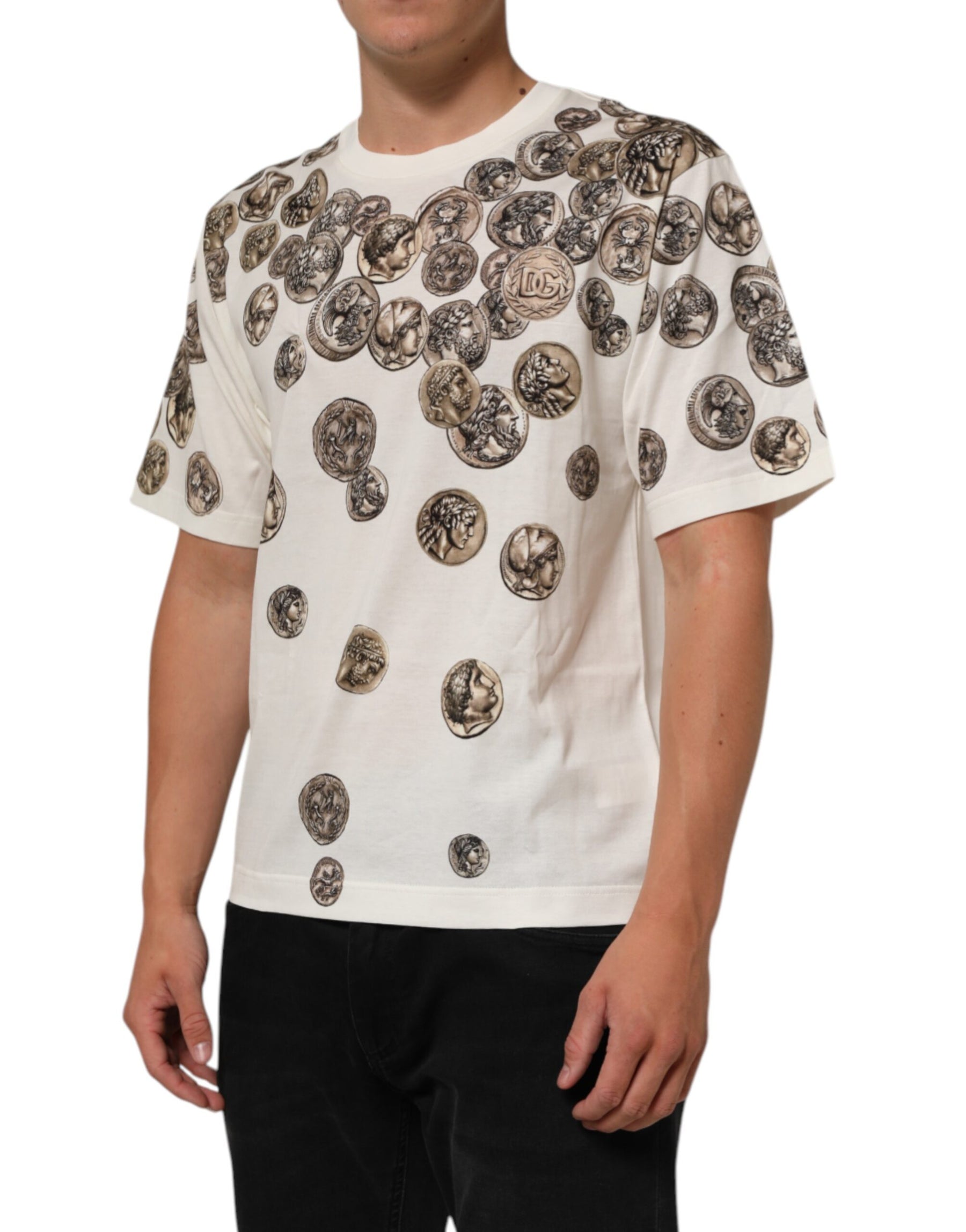 Dolce & Gabbana White Coin Print Cotton Crew Neck Men T-shirt | Regal Royce