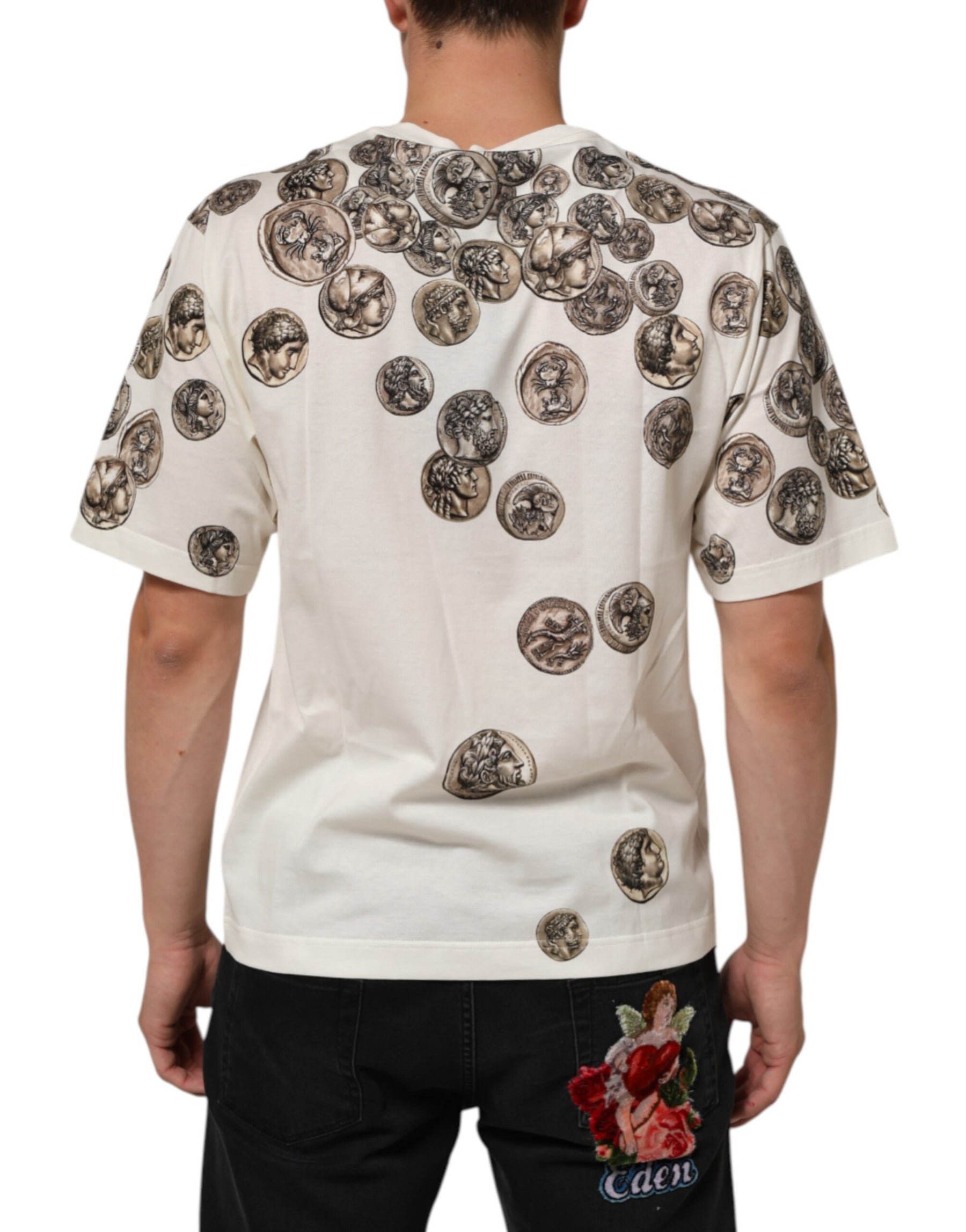 Dolce & Gabbana White Coin Print Cotton Crew Neck Men T-shirt | Regal Royce