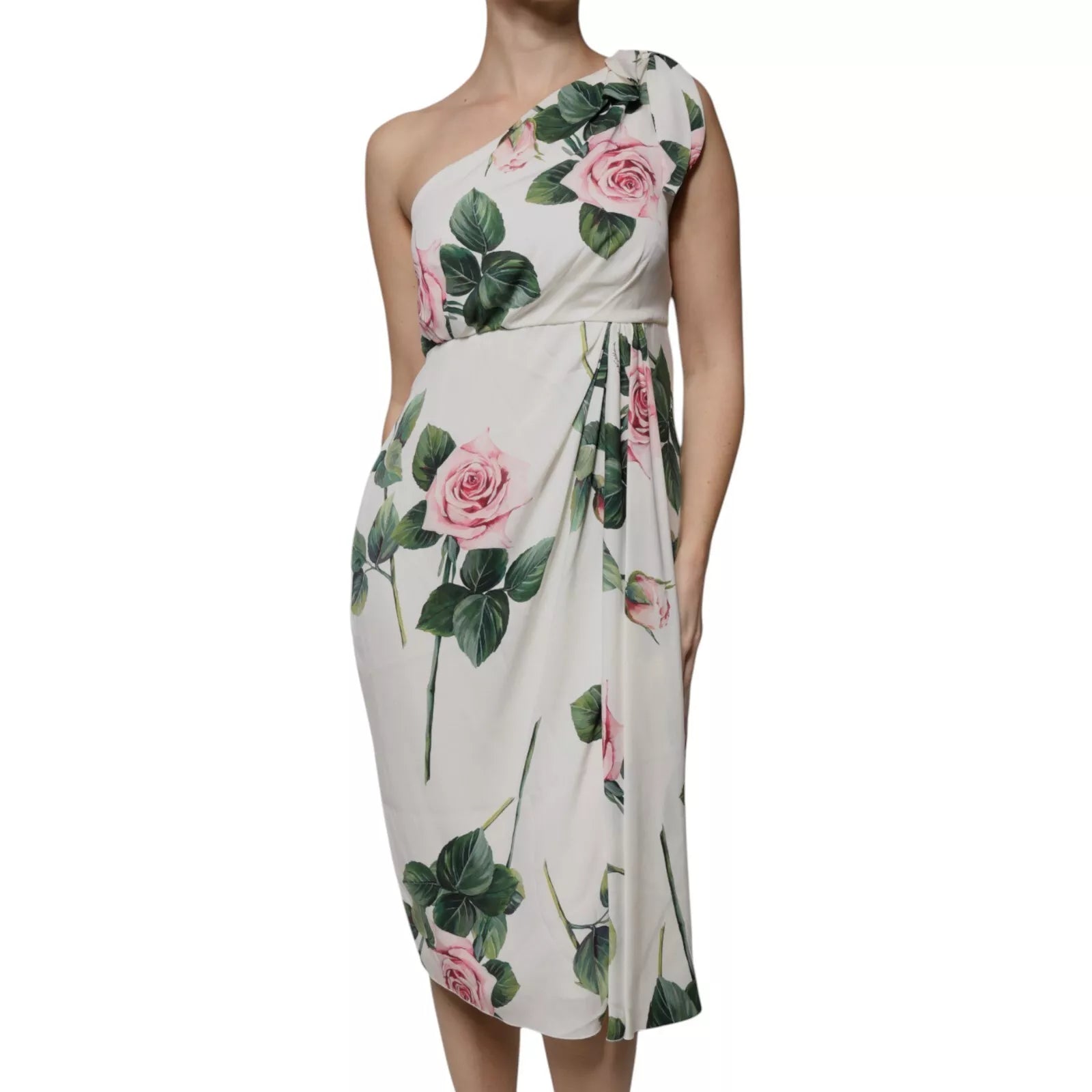 Dolce & Gabbana White Floral Silk One Shoulder Midi Dress | Regal Royce
