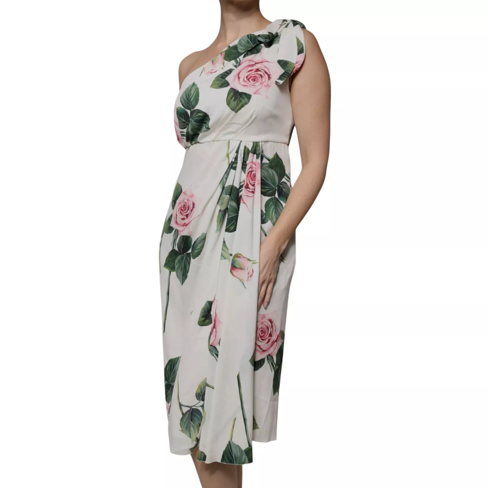 Dolce & Gabbana White Floral Silk One Shoulder Midi Dress | Regal Royce