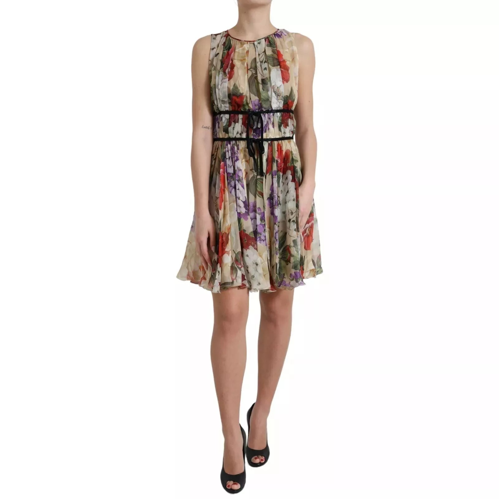 Dolce & Gabbana Beige Floral Sleeveless A-line Mini Dress | Regal Royce
