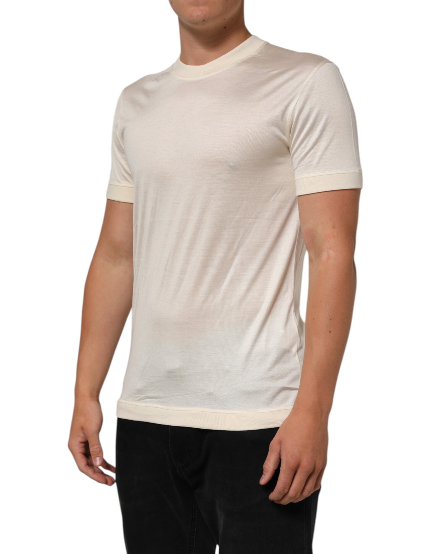 Dolce & Gabbana Off White Silk Crew Neck Short Sleeve T-shirt | Regal Royce