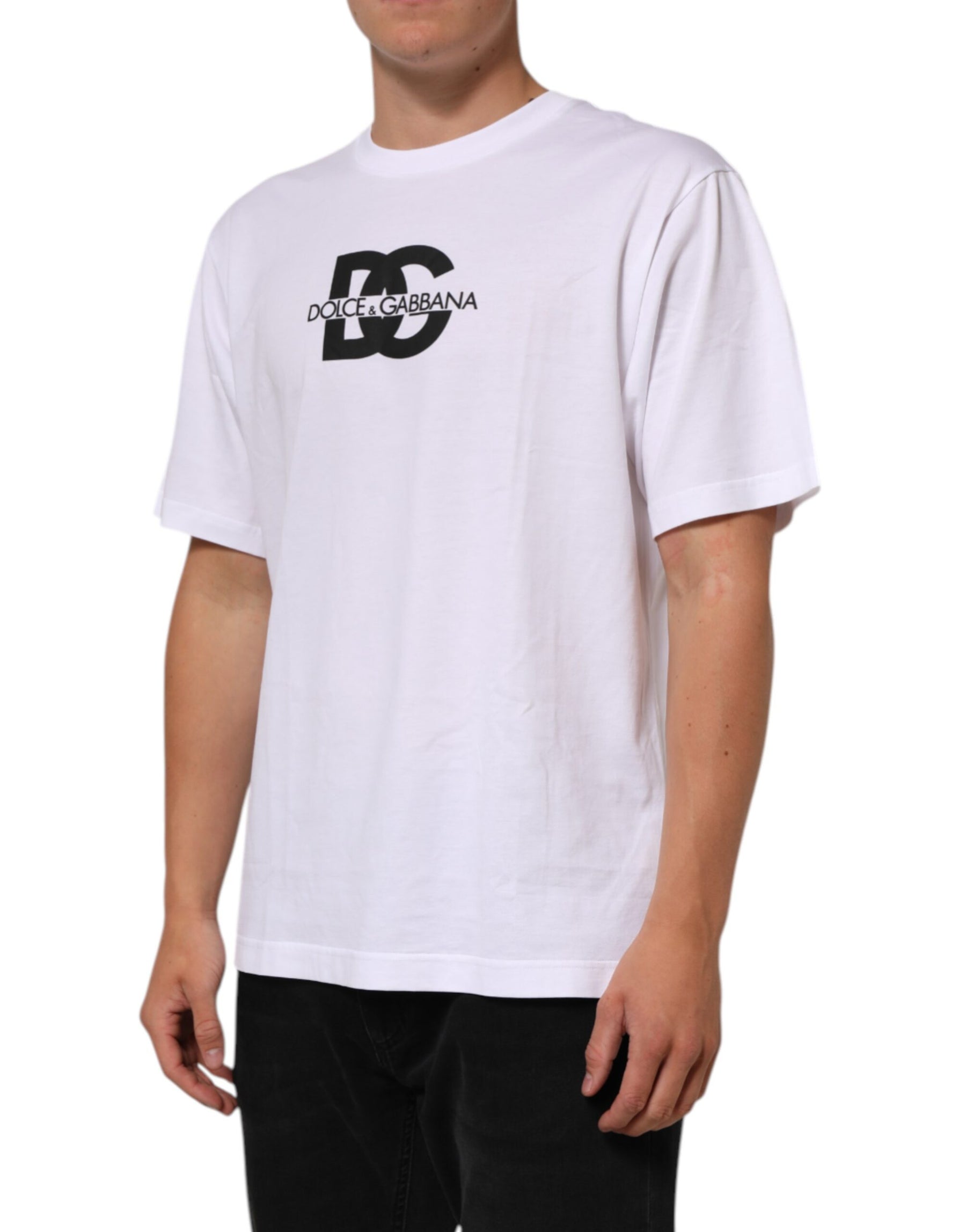 Dolce & Gabbana White Logo Print Cotton Crew Neck Men T-shirt | Regal Royce