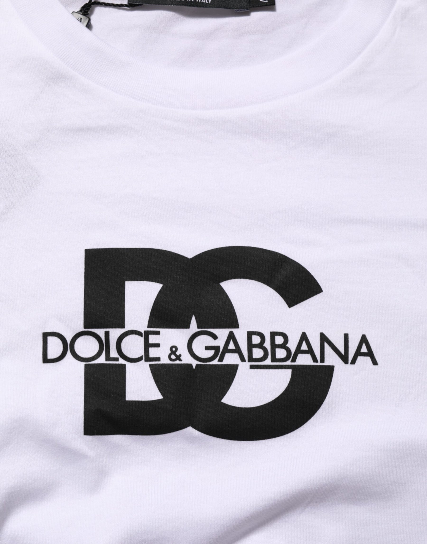 Dolce & Gabbana White Logo Print Cotton Crew Neck Men T-shirt | Regal Royce