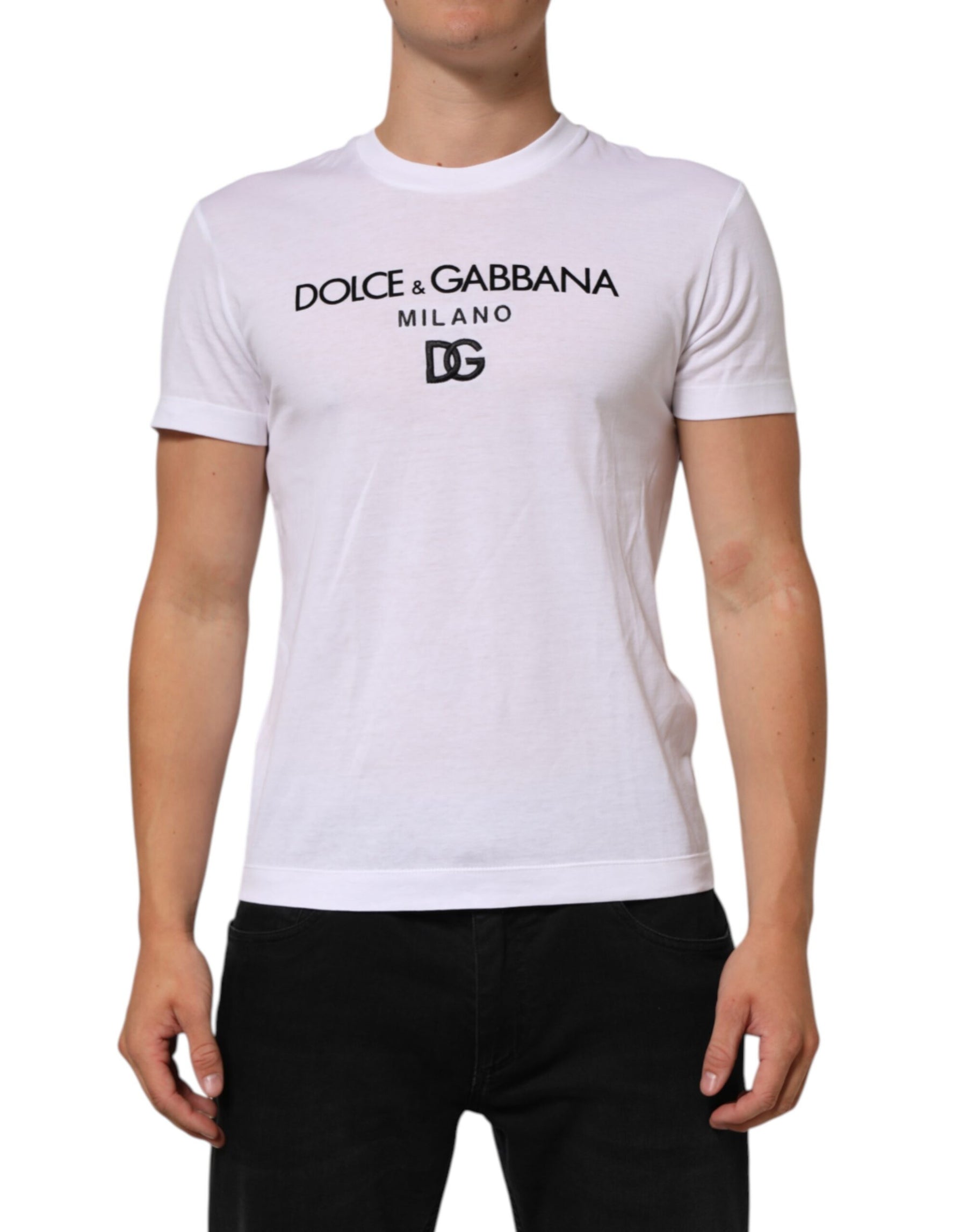 Dolce & Gabbana White Logo Print Cotton Men Crew Neck T-shirt | Regal Royce