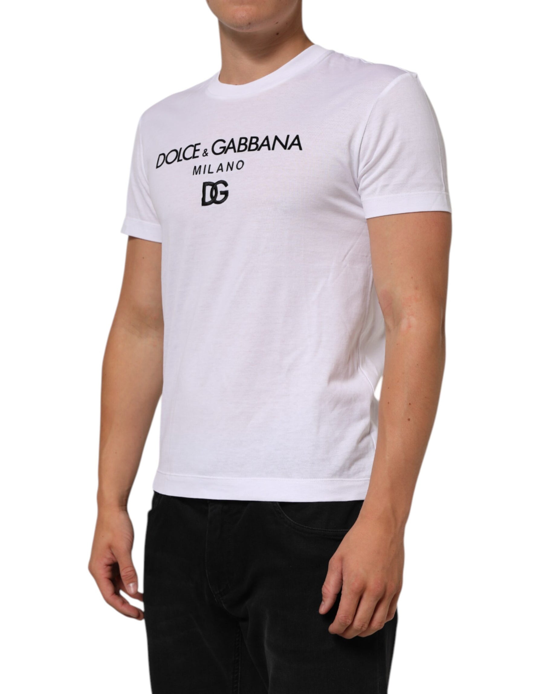 Dolce & Gabbana White Logo Print Cotton Men Crew Neck T-shirt | Regal Royce