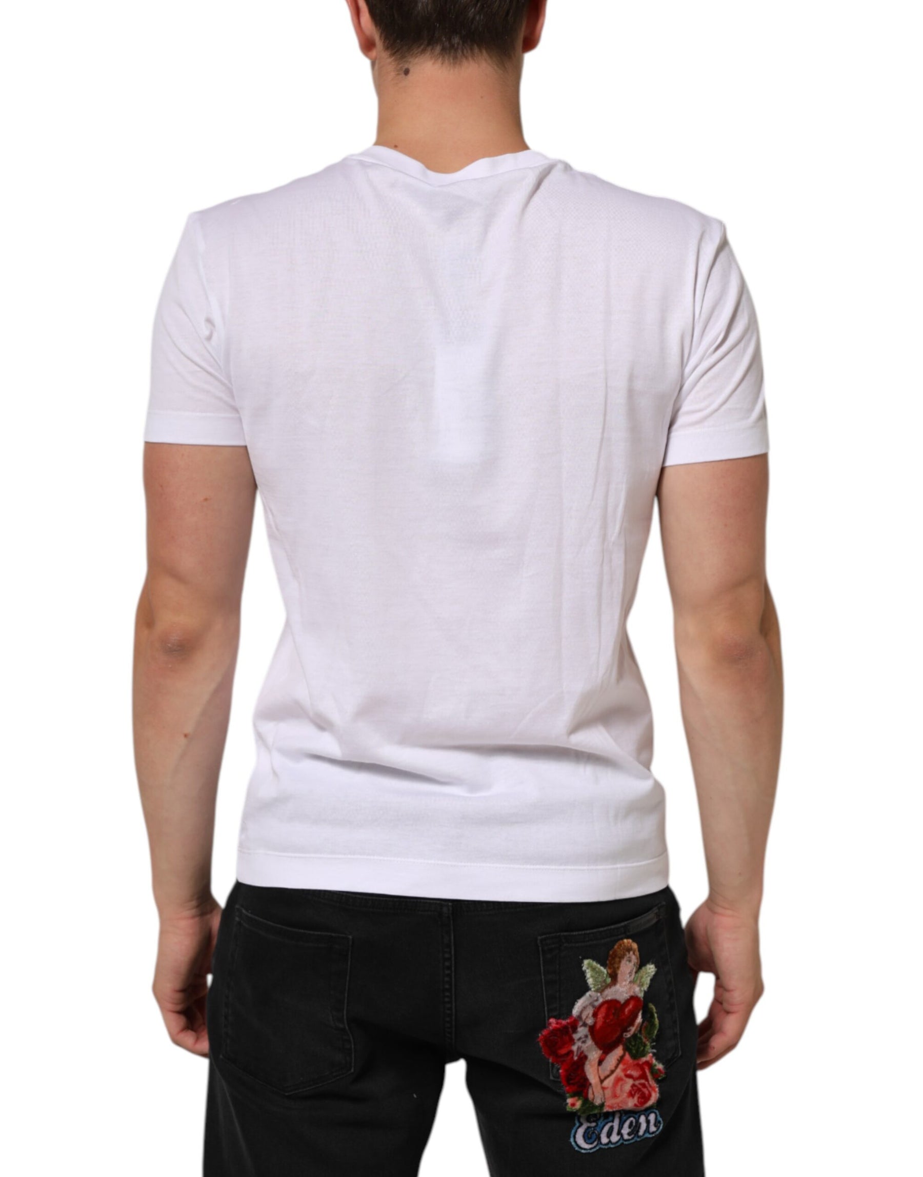 Dolce & Gabbana White Logo Print Cotton Men Crew Neck T-shirt | Regal Royce