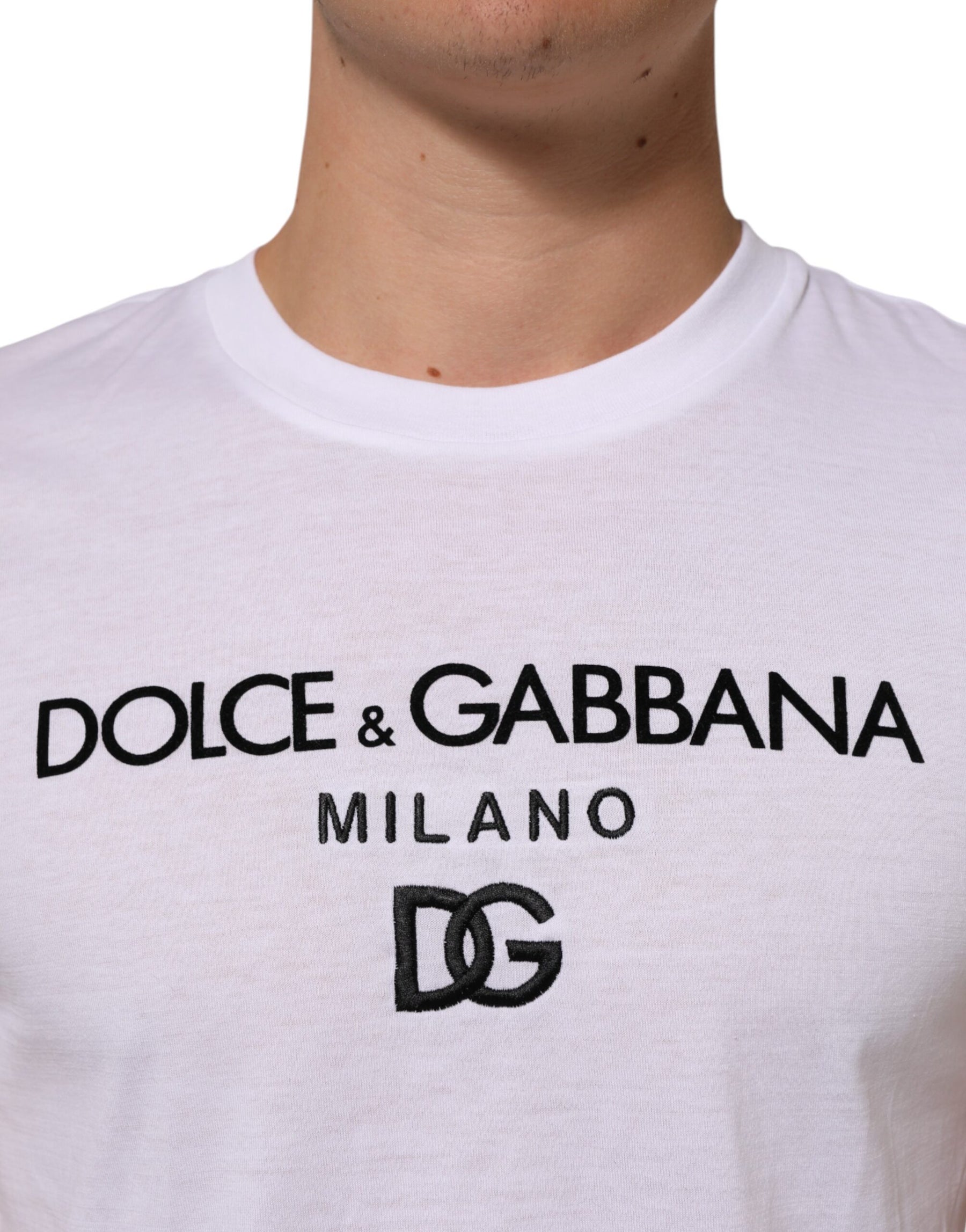 Dolce & Gabbana White Logo Print Cotton Men Crew Neck T-shirt | Regal Royce